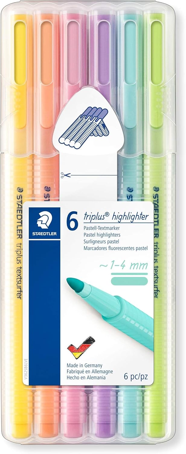 Staedtler triplus Highlighter, Ergonomic Triangular Shape, high Quality, Made in Germany, Set of 6 Pastel Colours, line Width 1-4 mm, 362 CSB6