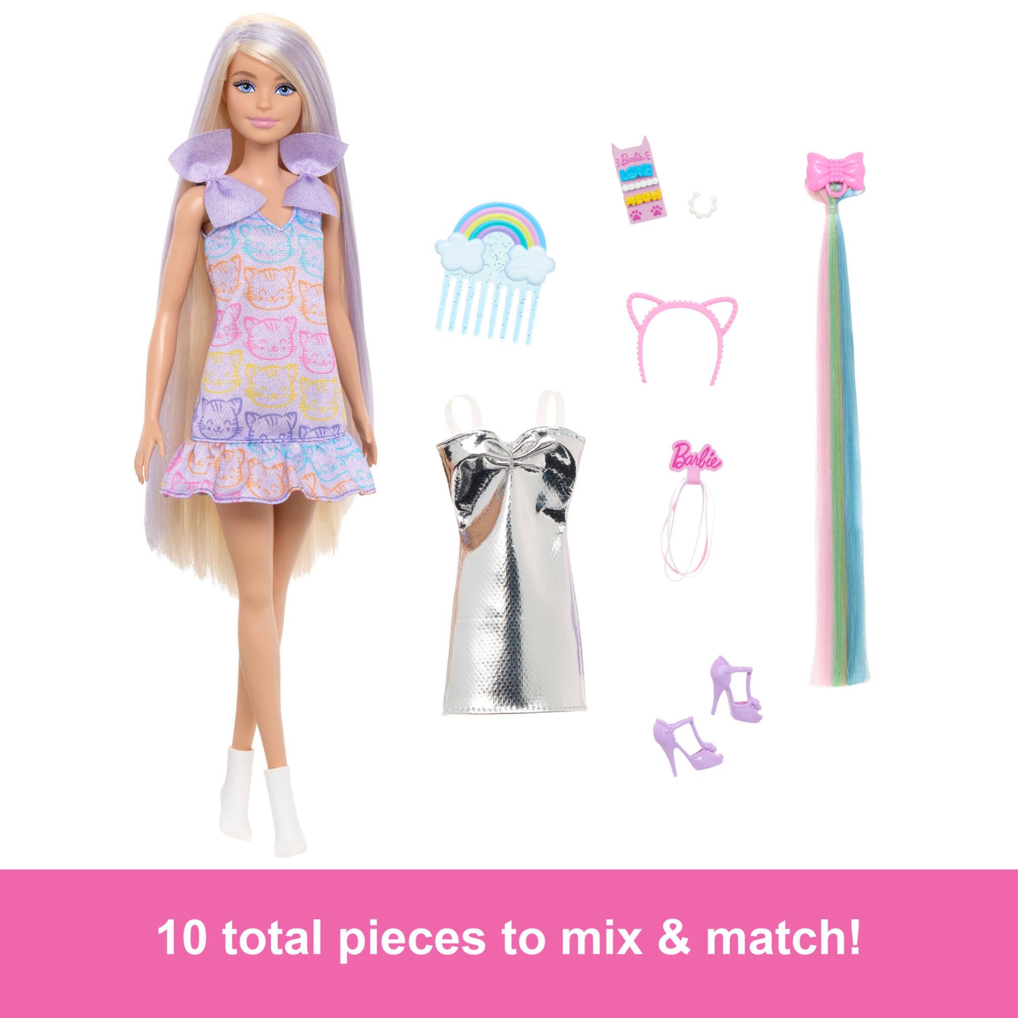 Barbie Fun & Fancy Hair Doll with Extra-Long Blonde Hair & 12-Piece Fashion Playset - Ages 3+ 5