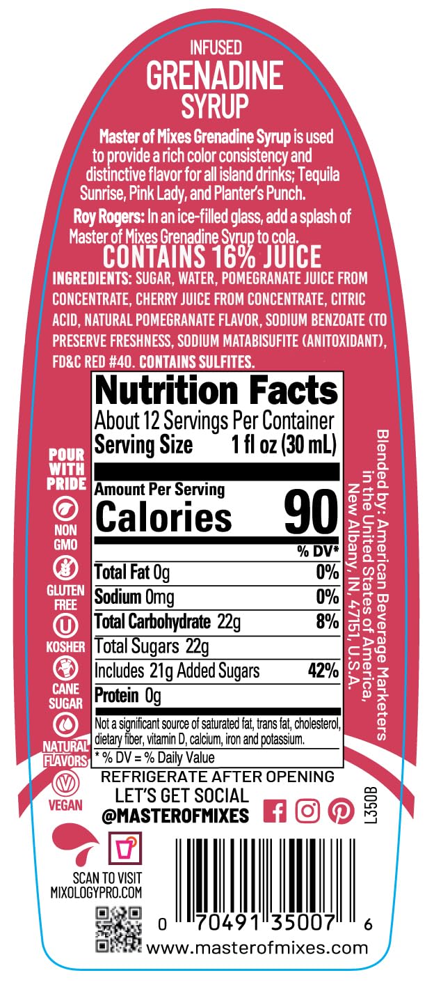 Master of Mixes Cocktail Essentials Grenadine Syrup - Pomegranate Cherry Blend, 375ml