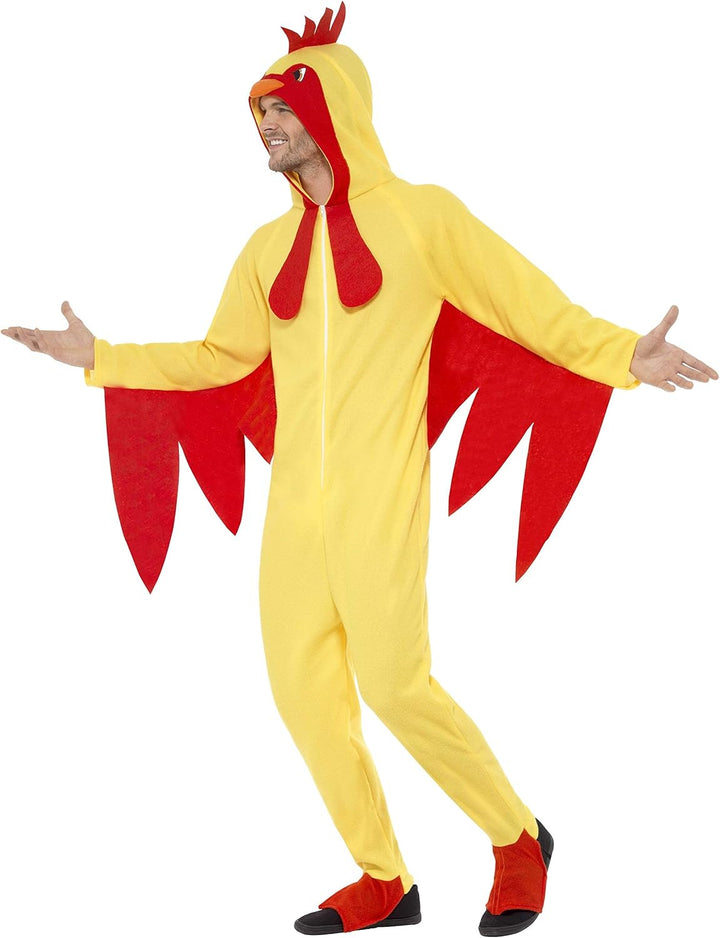 Smiffys Chicken Costume - Adult Men's Hooded All-in-One Fancy Dress Jumpsuit, Size L, Model 27857M