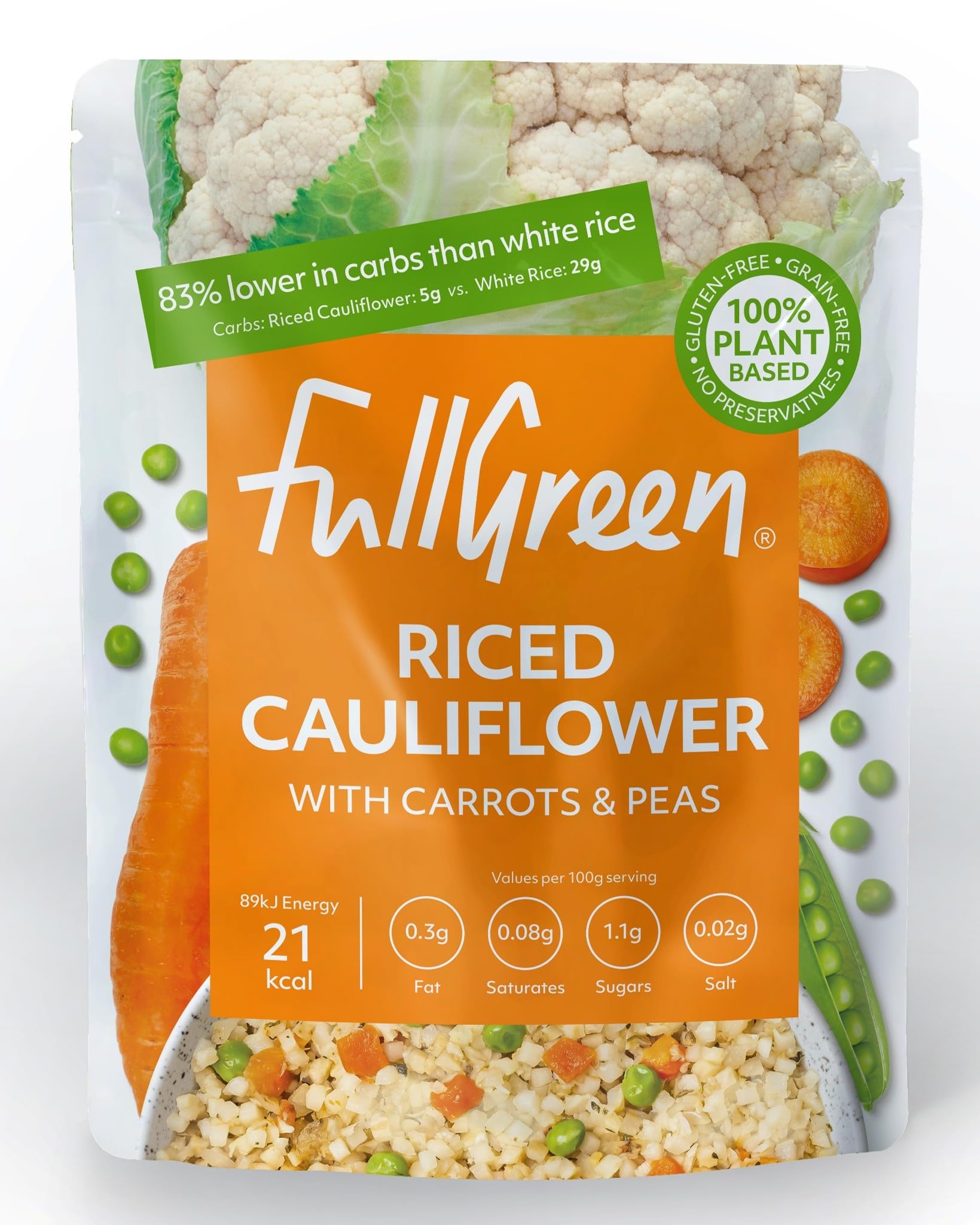 Fullgreen Riced Cauliflower with Carrots & Peas - Case of 6 | 83% Less Carbs than Rice | Vegan, Gluten Free