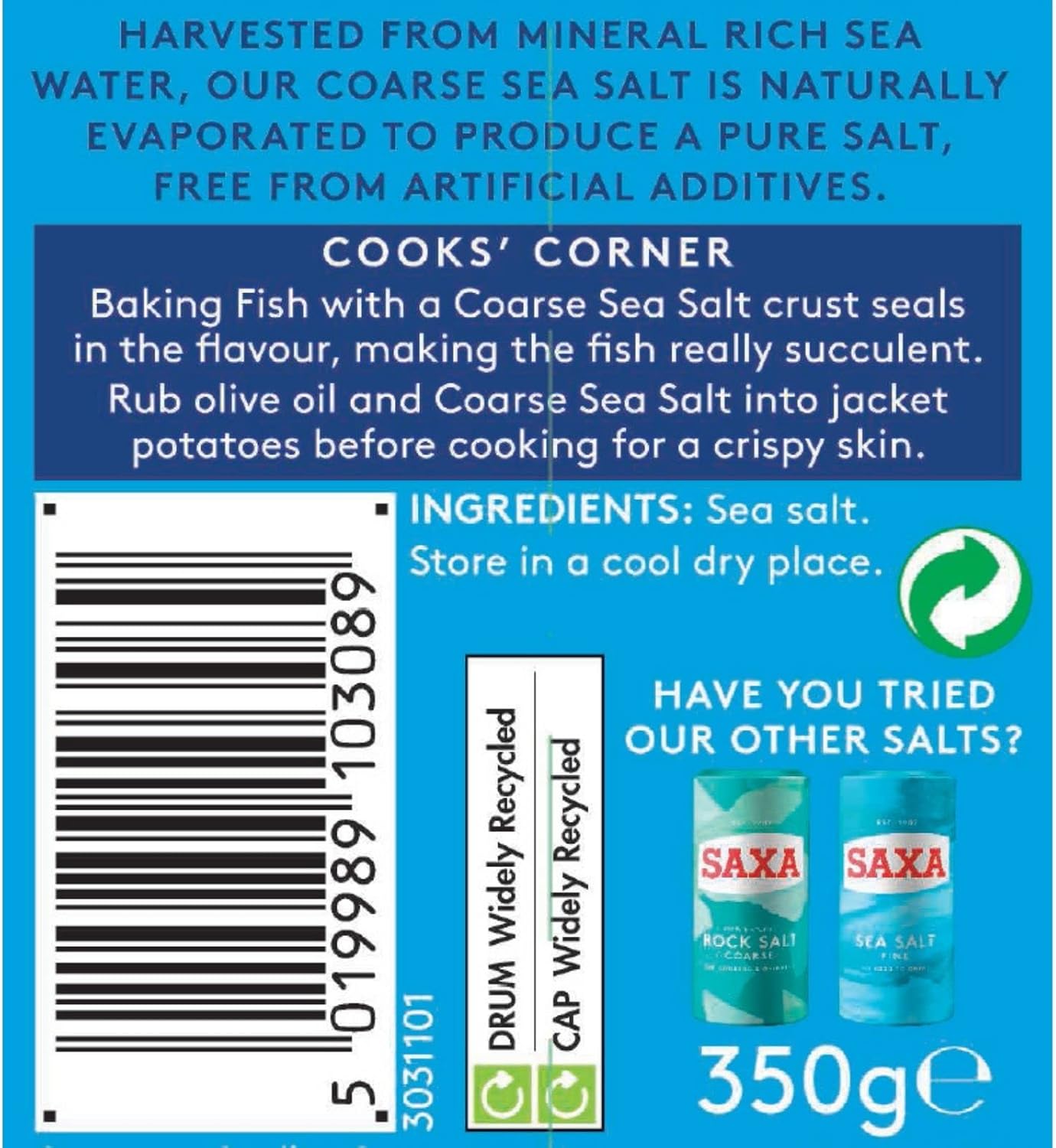 Saxa Sea Salt Coarse for Cooking & Grinding, 350g Drum