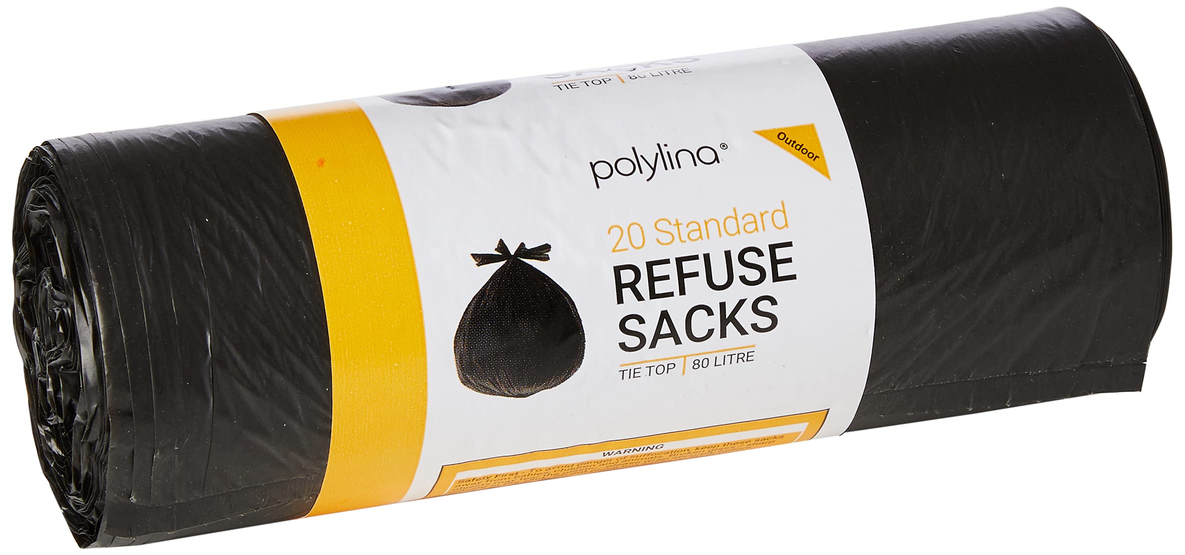 Polylina 80 Litre Tie Top Refuse Sacks Bin Bags, Black, Recycled Plastic, Pack of 20
