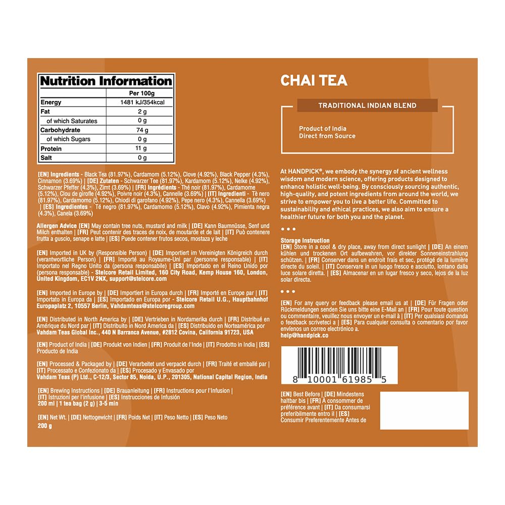 HANDPICK Masala Chai Tea Bags from India (100 Count) - Cinnamon, Black Pepper, Cloves & Cardamom - Eco-conscious Round Tea Bags 9
