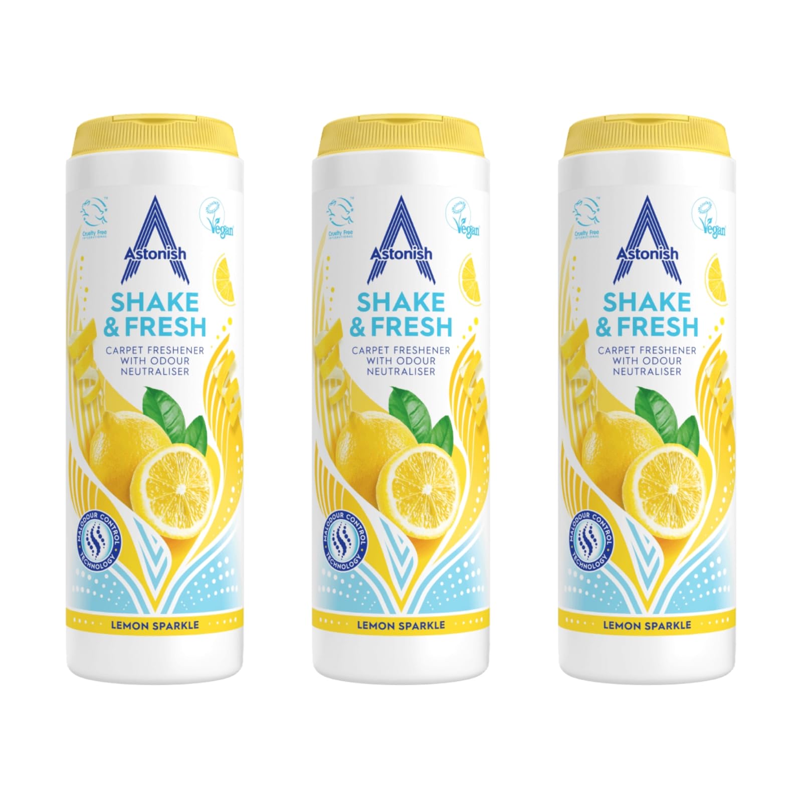Astonish Shake & Fresh Carpet Freshener - Lemon Sparkle Scent (Multipack of 3 Bottles)