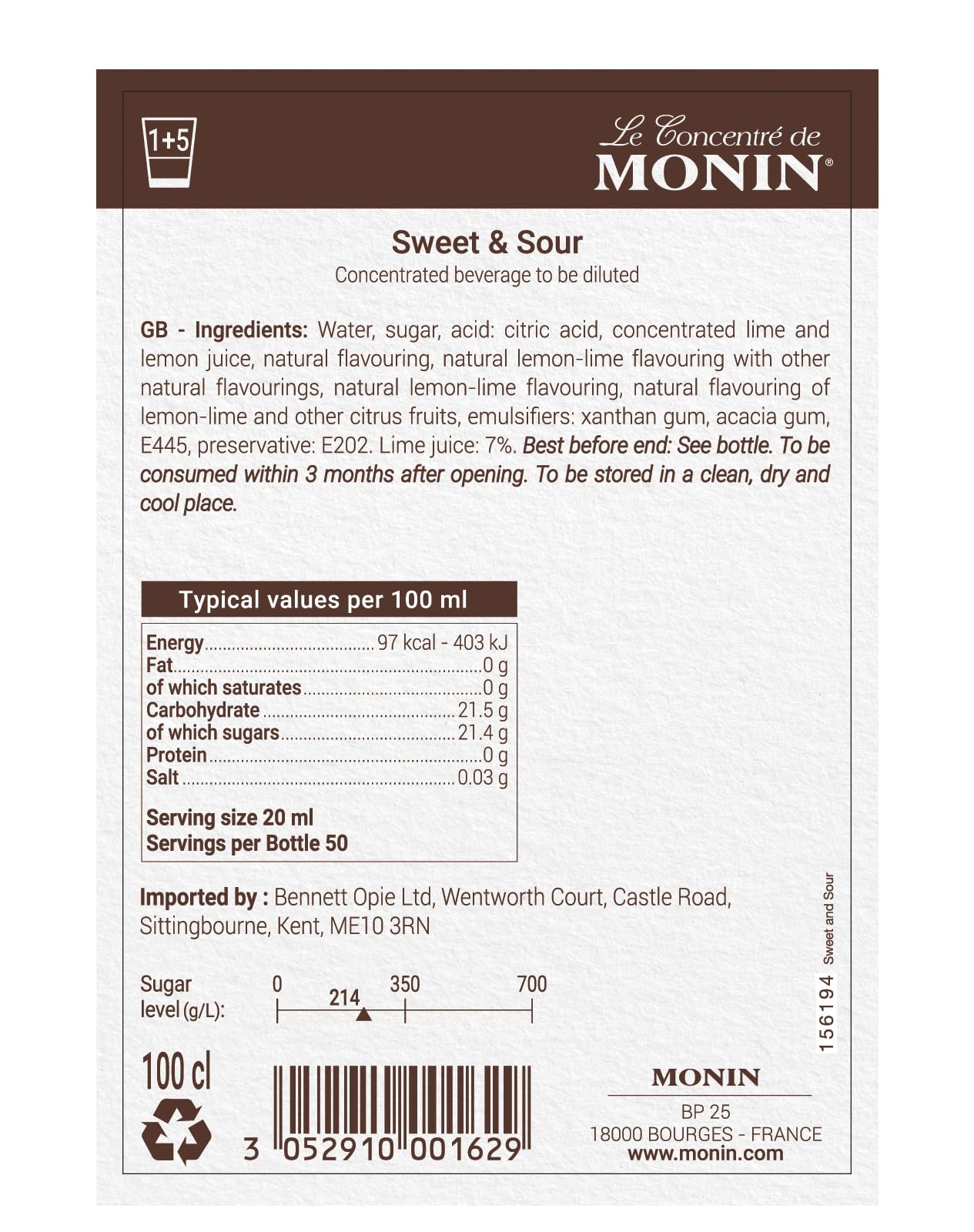 MONIN Premium Sweet and Sour Mix 1L - Lemon Lime Cocktail Syrup 5