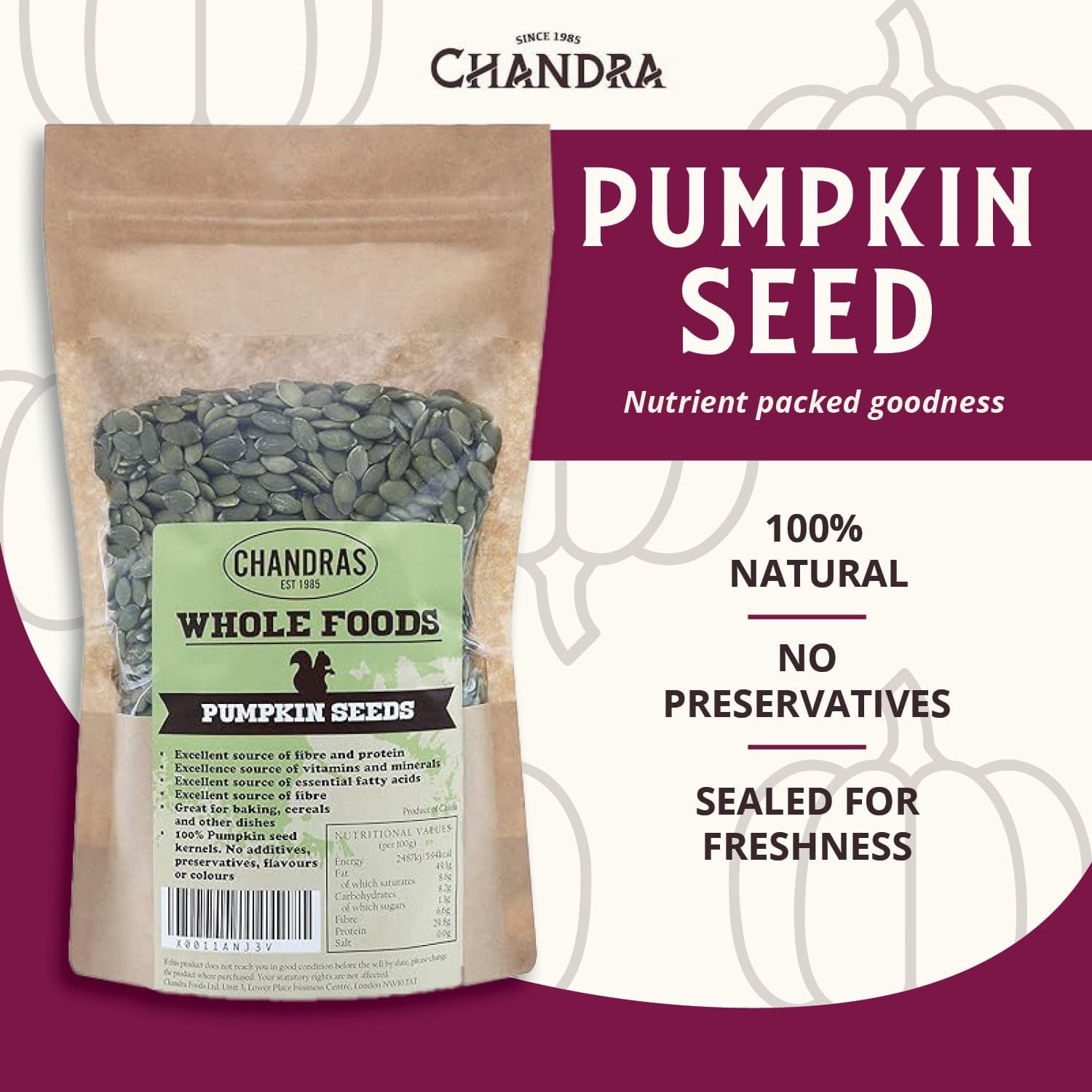 CHANDRA Raw Pumpkin Seeds - 1kg Pack | High Fibre, Keto & Vegan Friendly