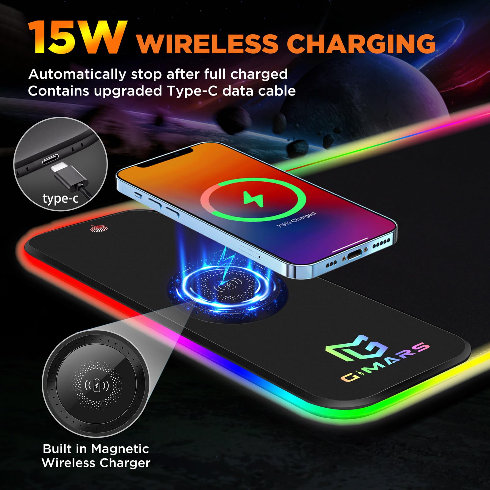 Gimars RGB Gaming Mouse Pad with 15W Wireless Charging, XL 800x300mm Micro Woven Fabric Mat 11