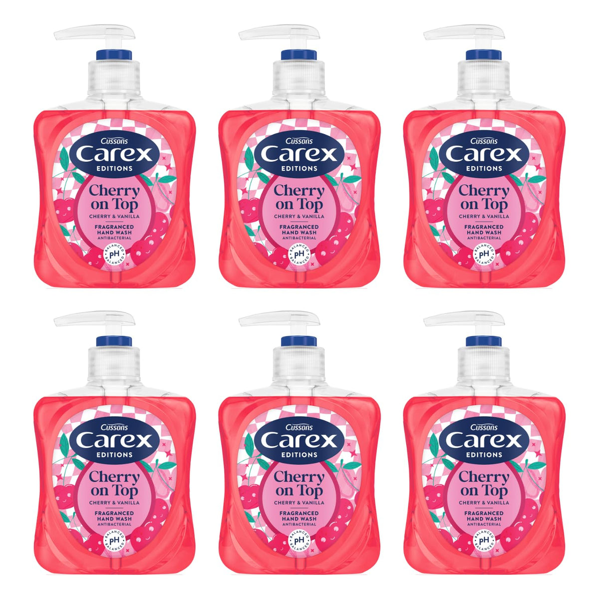 Carex Cherry On Top Antibacterial Hand Wash - Moisturizing, Cherry Scent | 6 x 250ml