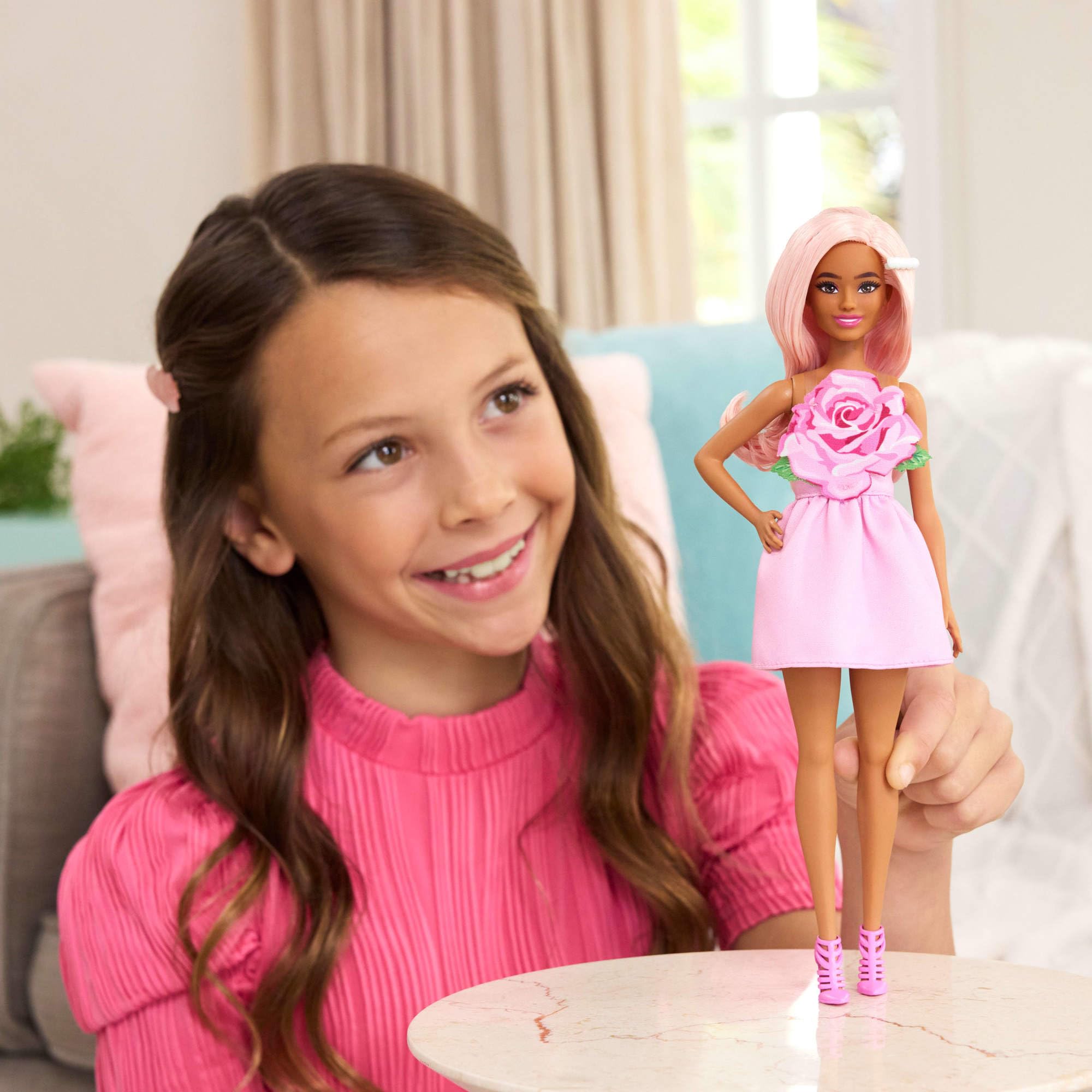 Barbie Fashionistas Doll #238 with Pastel Pink Hair Wearing Strapless Dress | Petite Body Type