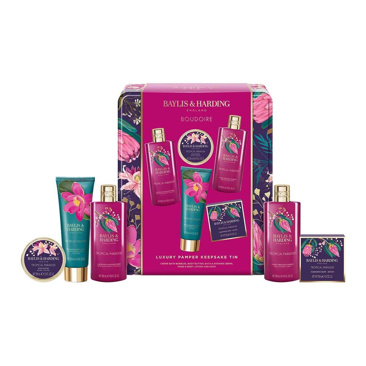 Baylis & Harding Boudoire Tropical Paradise Pamper Tin Gift Set - 5 Pieces, Vegan Friendly