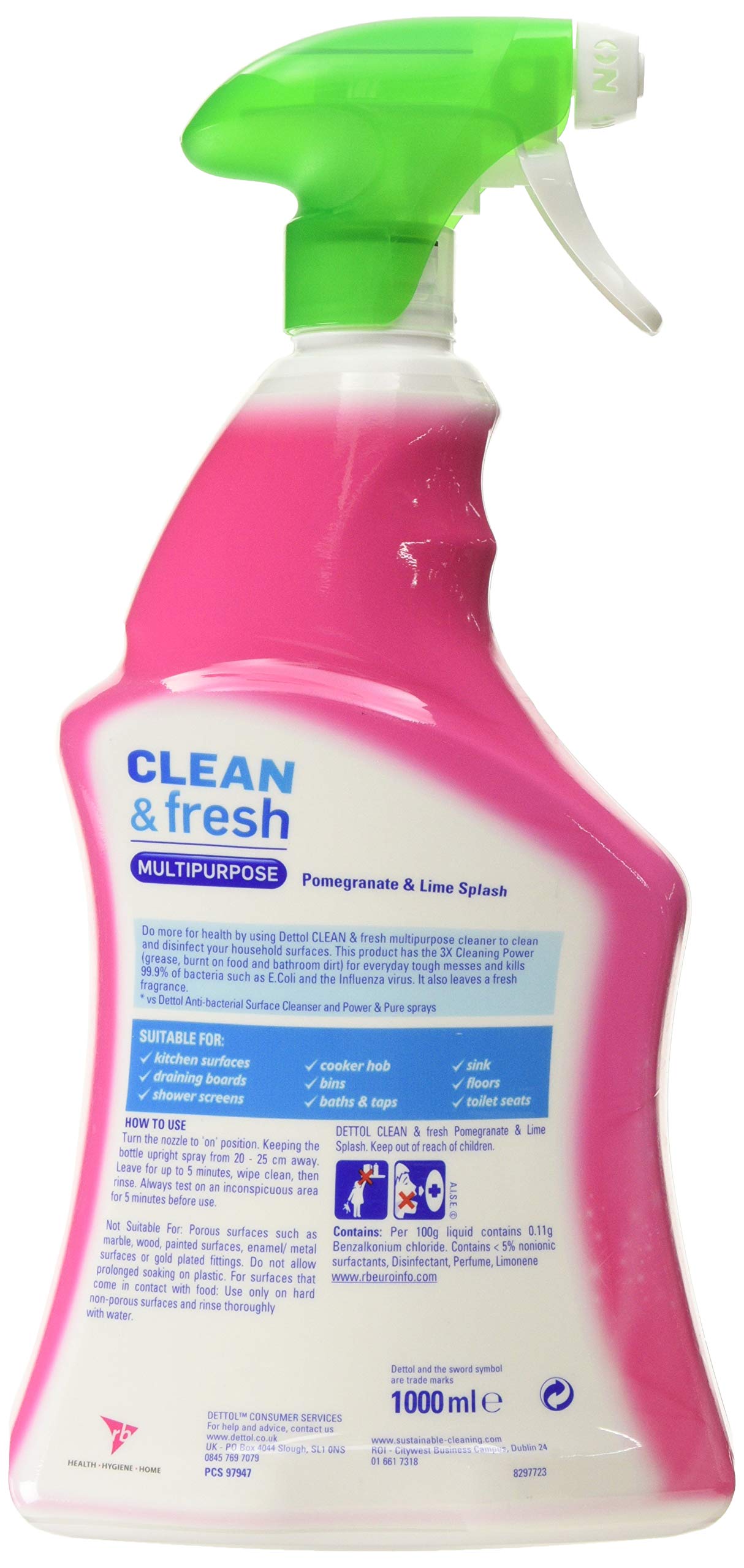 Dettol Antibacterial Multi-Purpose Cleaner Spray, Pomegranate Scent, 1 Ltr