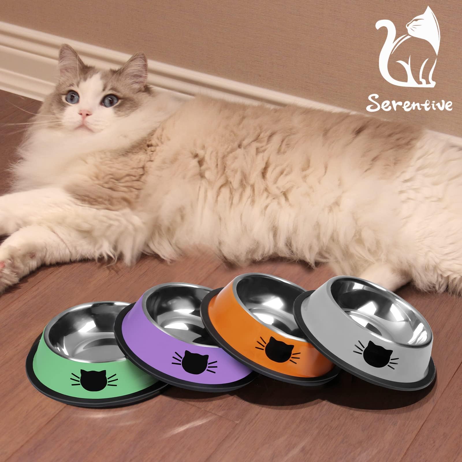 Serentive Stainless Steel Cat Food Bowls - Set of 2, 7 oz Capacity, Non-Slip Rubber Base 7