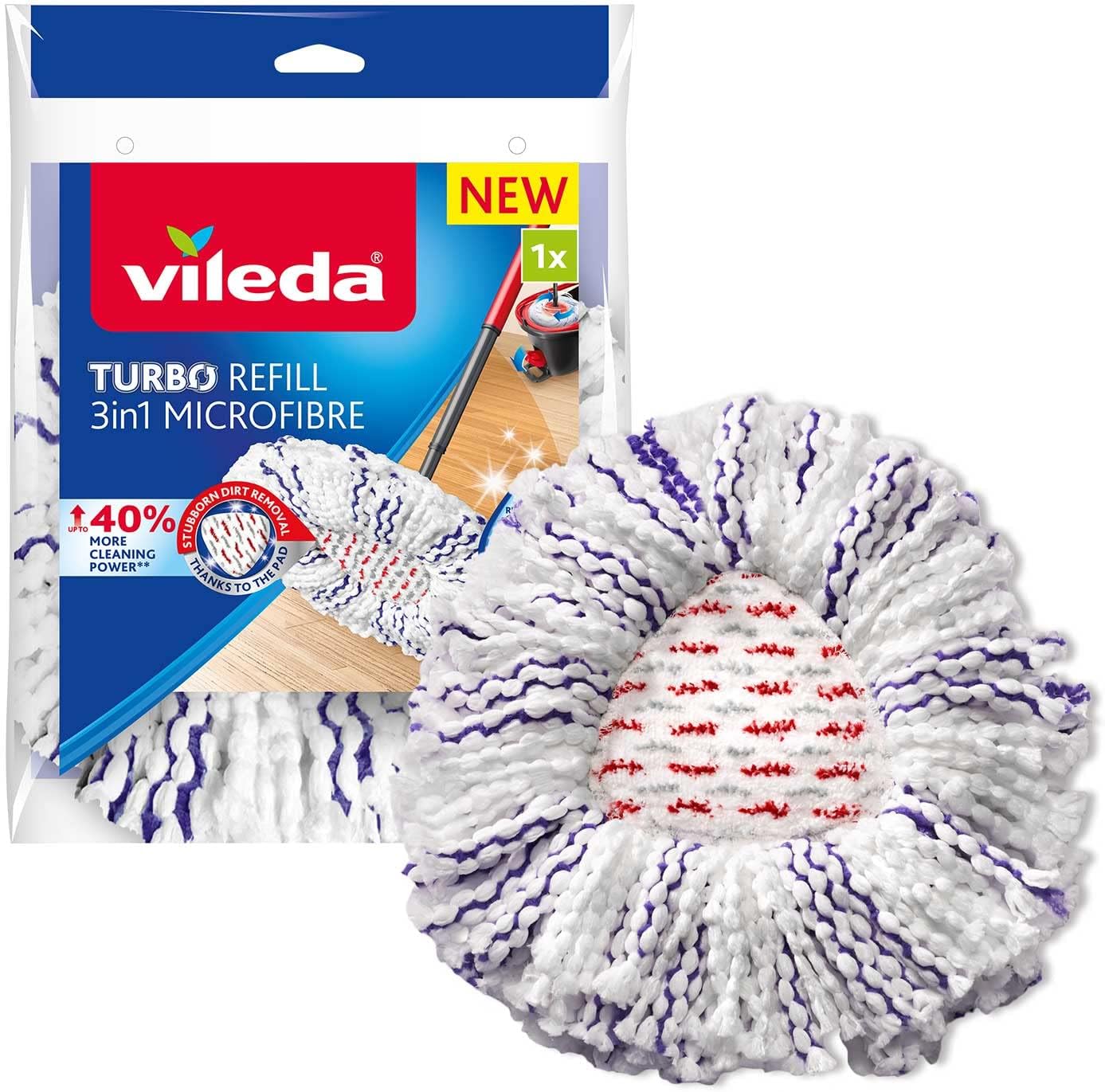Vileda Turbo 3-in-1 Replacement Mop Head - Purple-White, 98% Polyester, 2% Polyamide