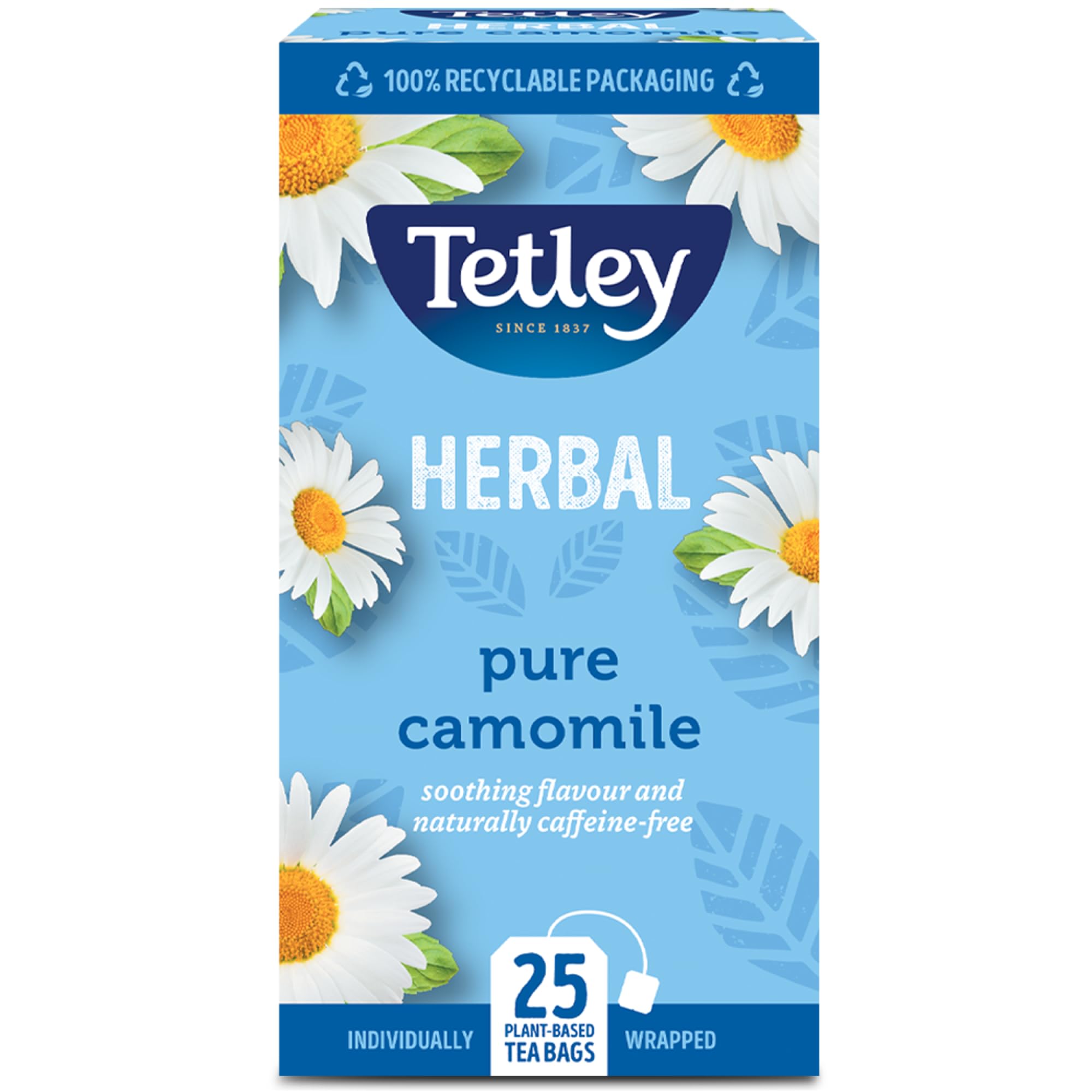 Tetley Pure Camomile Tea Bags - 25 Individually Wrapped Herbal Infusion - Naturally Caffeine-Free - Rainforest Alliance Certified