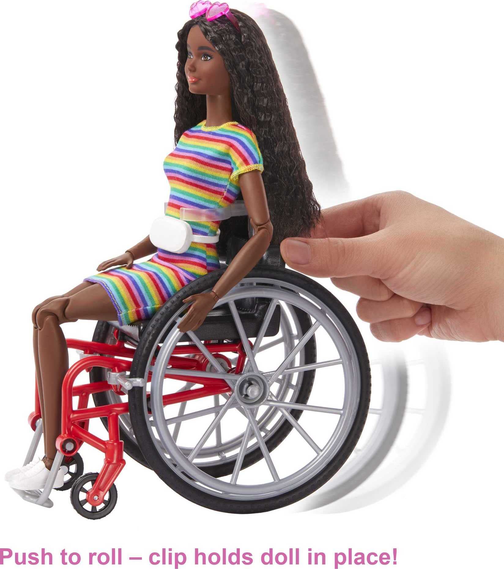 Barbie Fashionistas Doll #166 with Wheelchair & Crimped Brunette Hair - Rainbow Dress, 22 Joints 8