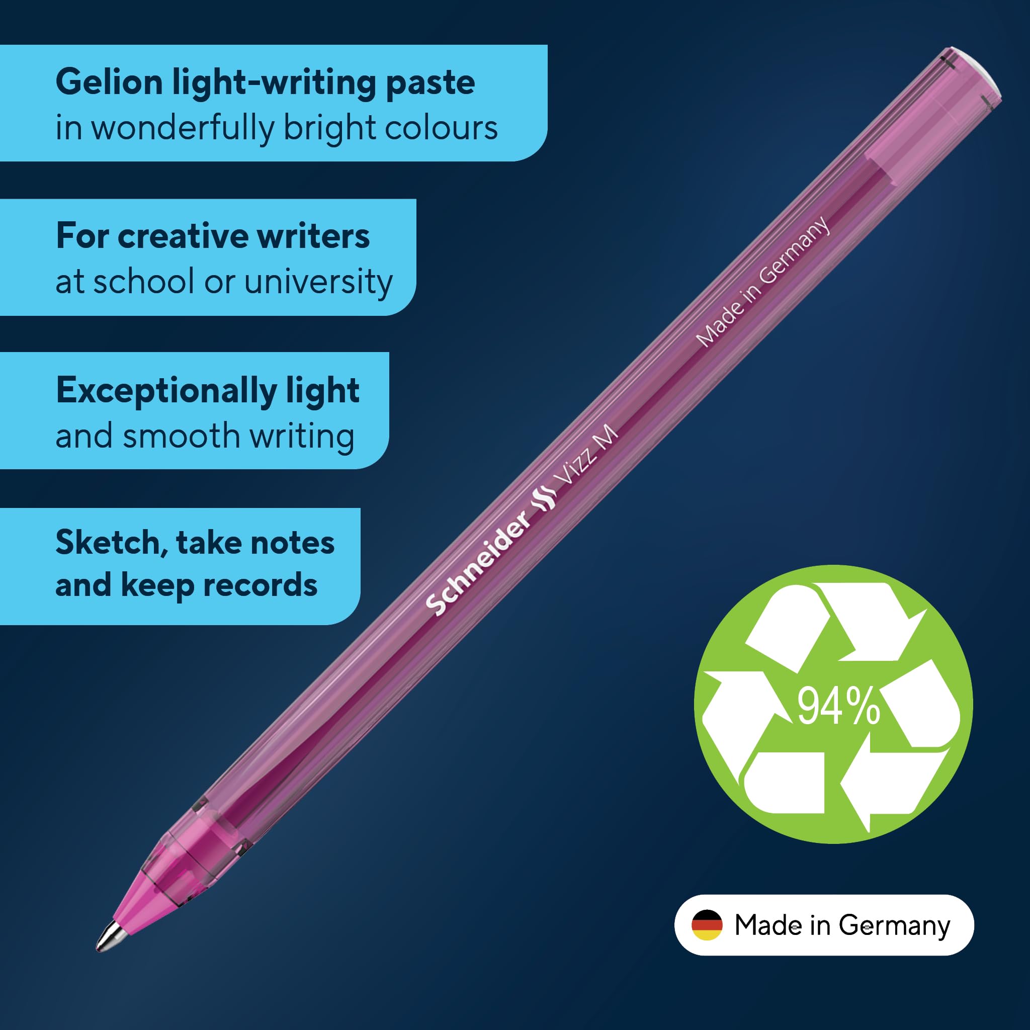 Schneider Vizz Ballpoint Pen - 10 Pack Pink Ink, 0.7mm Medium Point | 94% Recycled Housing 2