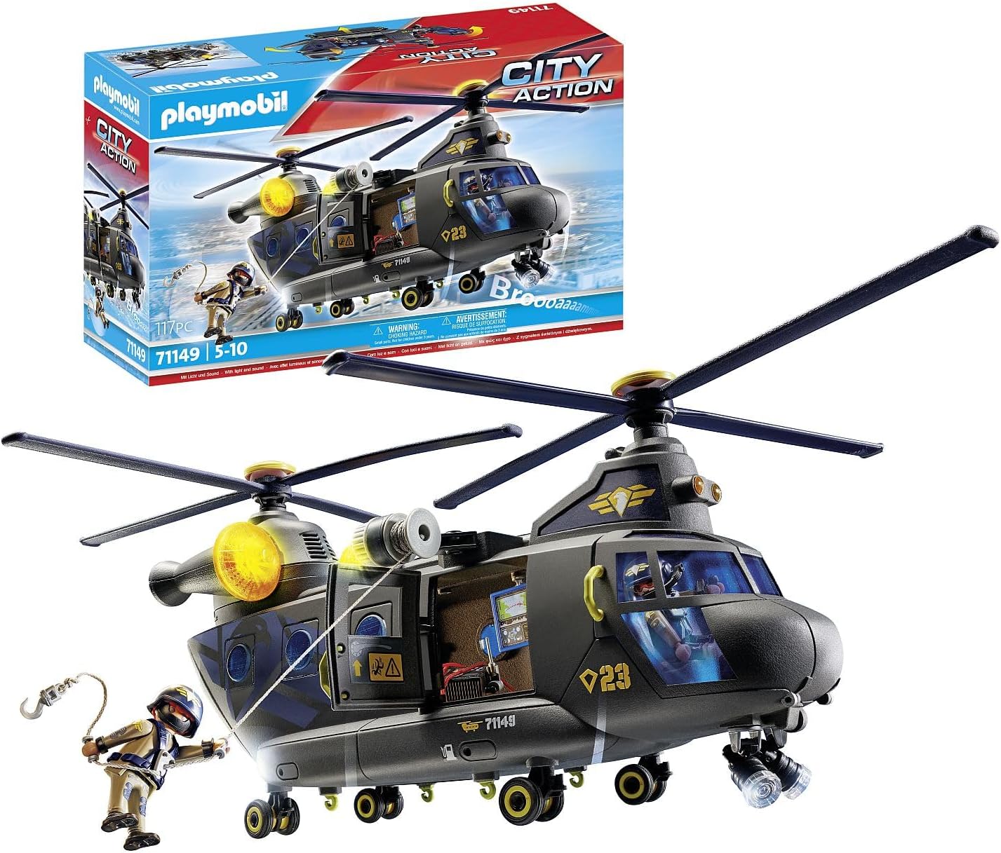 Playmobil 71149 Tactical Police Twin-Prop Helicopter - Light & Sound Vehicle Playset for Ages 5+
