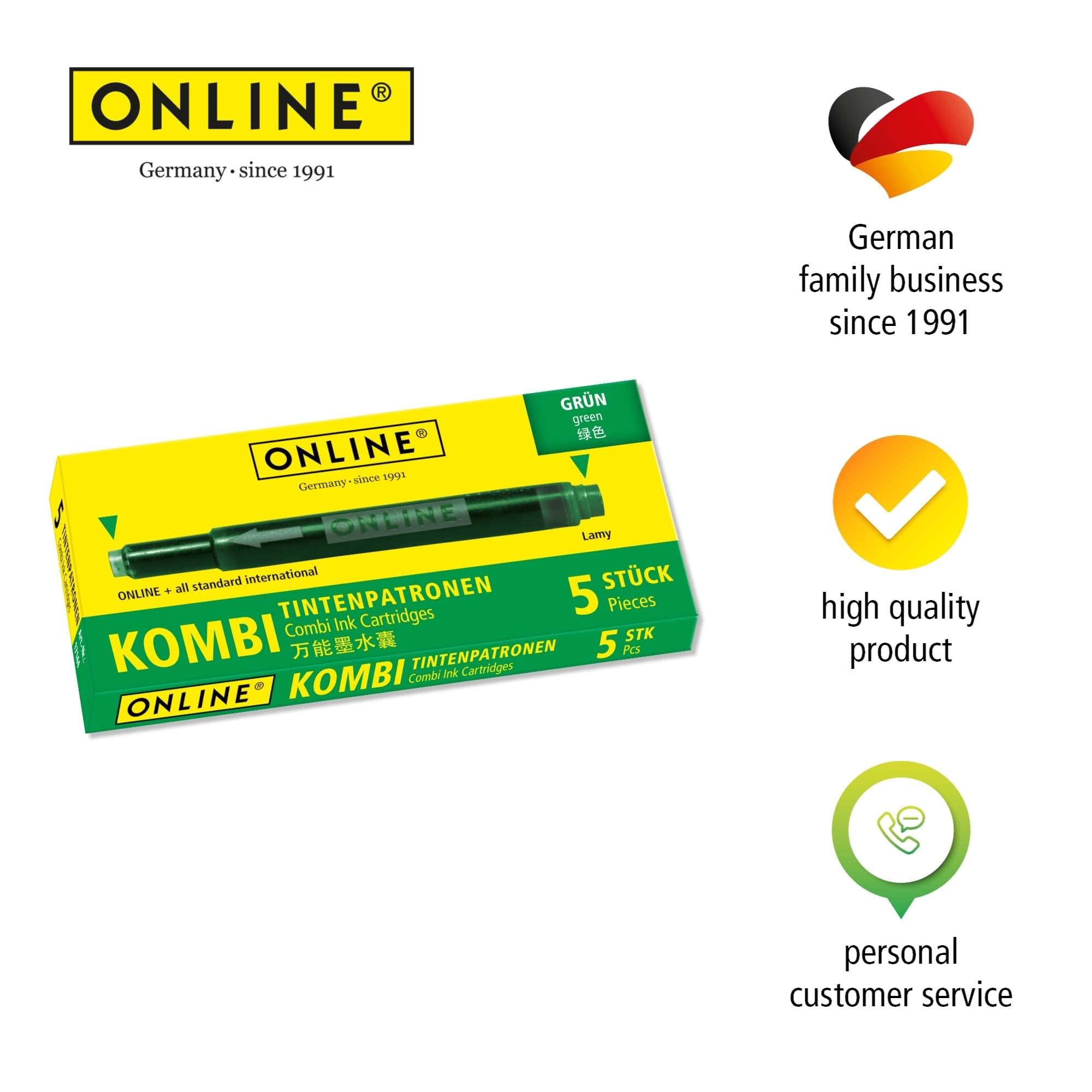 Online Universal Double-Sided Fountain Pen Refills - Green Ink, 5 Pack | Compatible with Lamy Pens 7