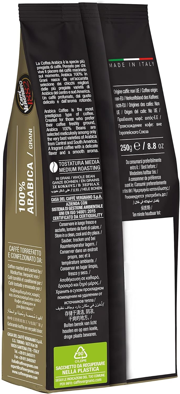 Caffè Vergnano 1882 Arabica 100% Whole Bean Coffee - 250g Pack 5