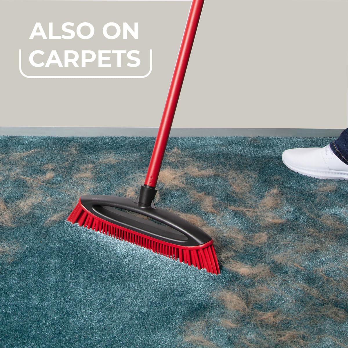 Vileda Pet Pro Always Clean Broom - Rubber Broom for Pet Hair Removal, Angled Bristles for Corners, Easy Rinse Clean, Red 7