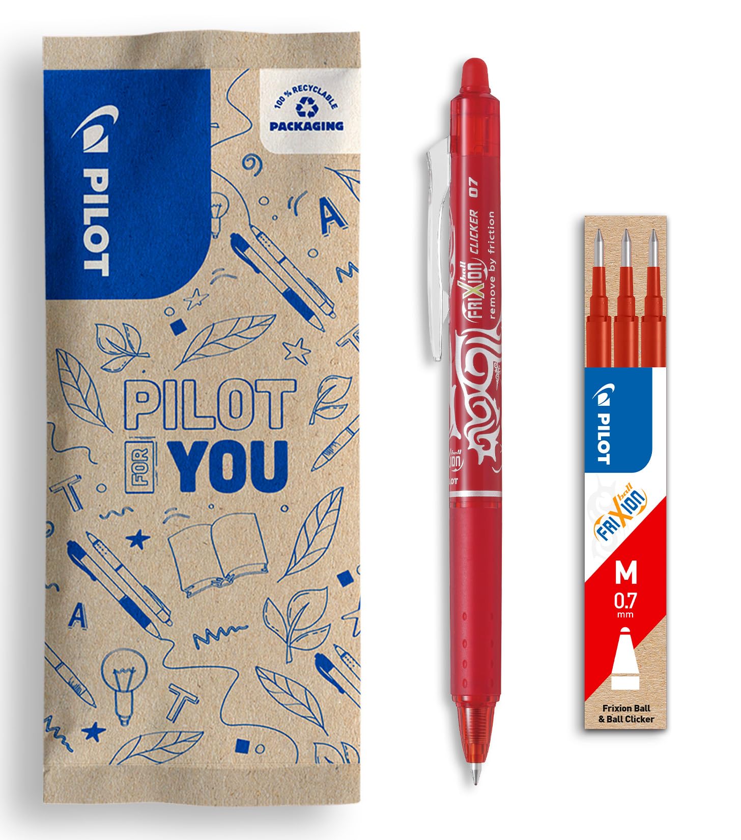 PILOT FriXion Ball Clicker Erasable Gel Rollerball Pen Set - Medium 0.7mm Tip | 1 Red Pen, 3 Refills 1