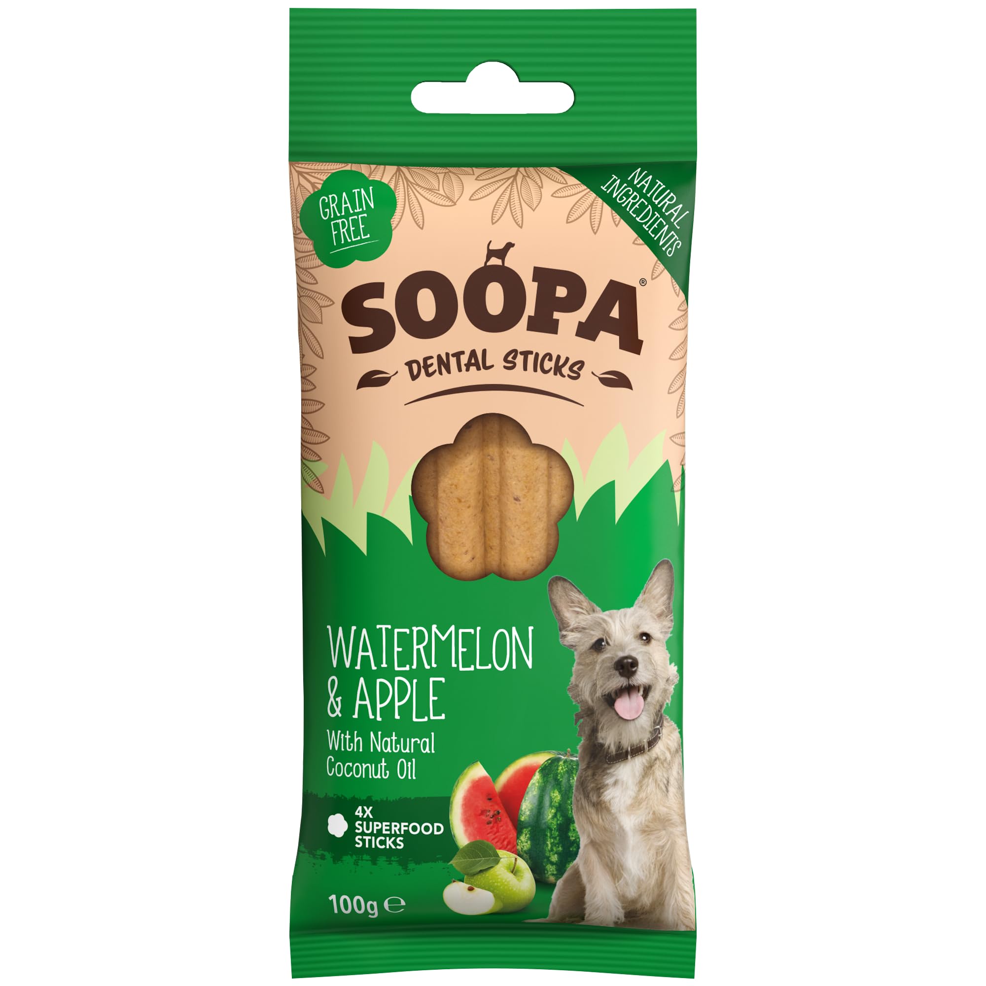 Soopa Watermelon & Apple Dental Sticks for Dogs - Hypo-Allergenic, Low Fat | 100g Bag