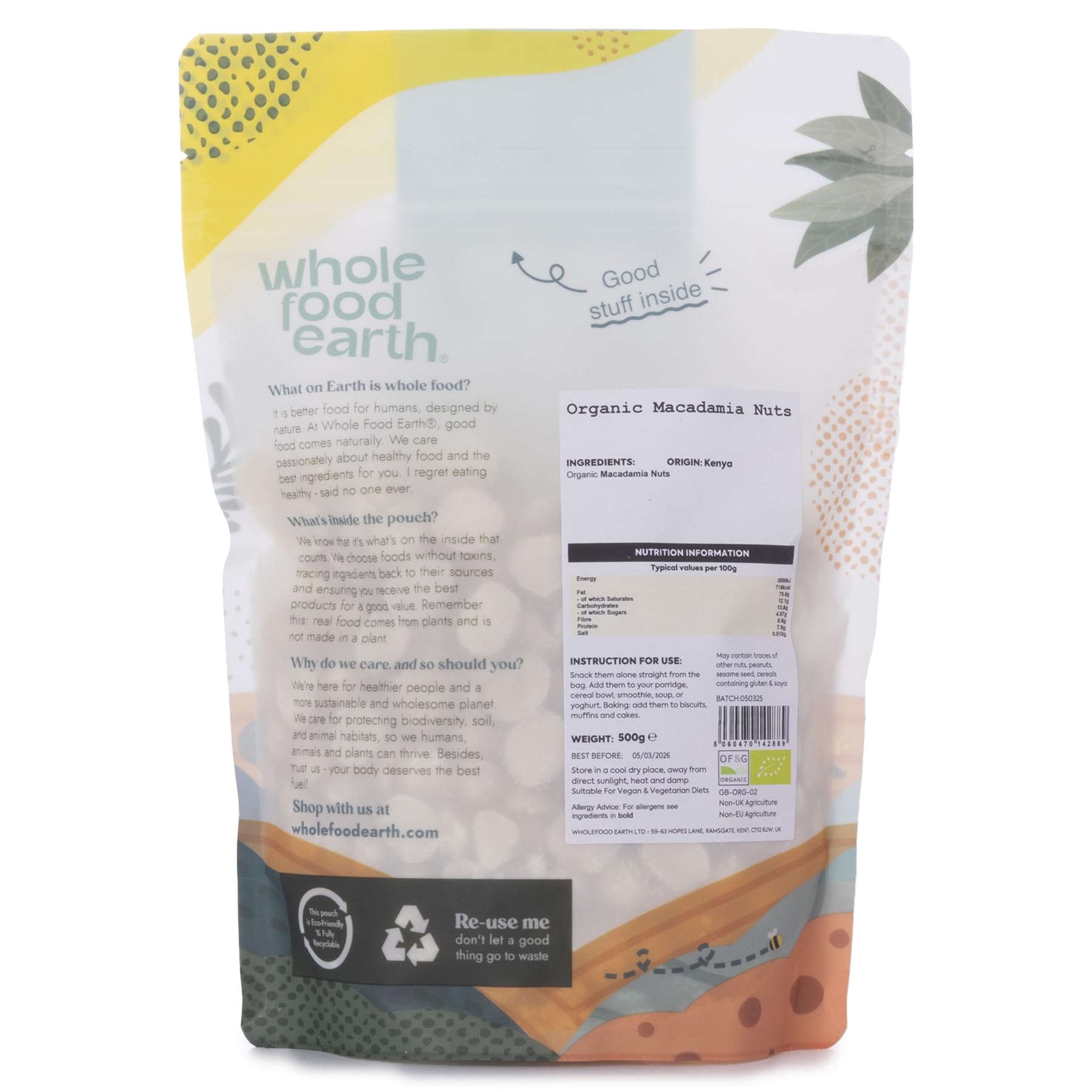 Wholefood Earth Organic Raw Macadamia Nuts 500g | GMO-Free | Vegan | High in Protein & Fiber