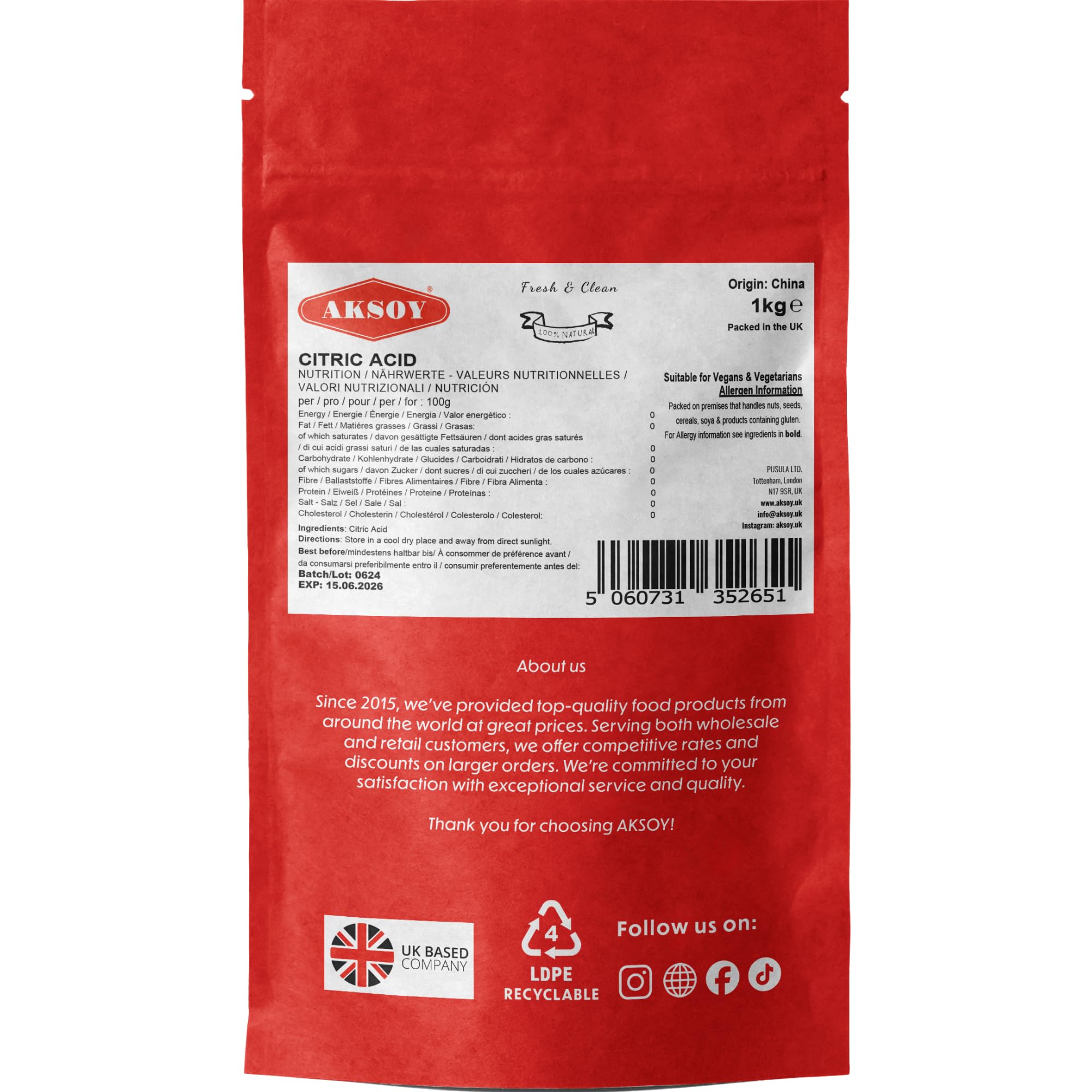 AKSOY - Citric Acid Food Grade 1000g | Non-GMO, for Bath Bombs, Sour Drinks, Cleaning & Canning 11