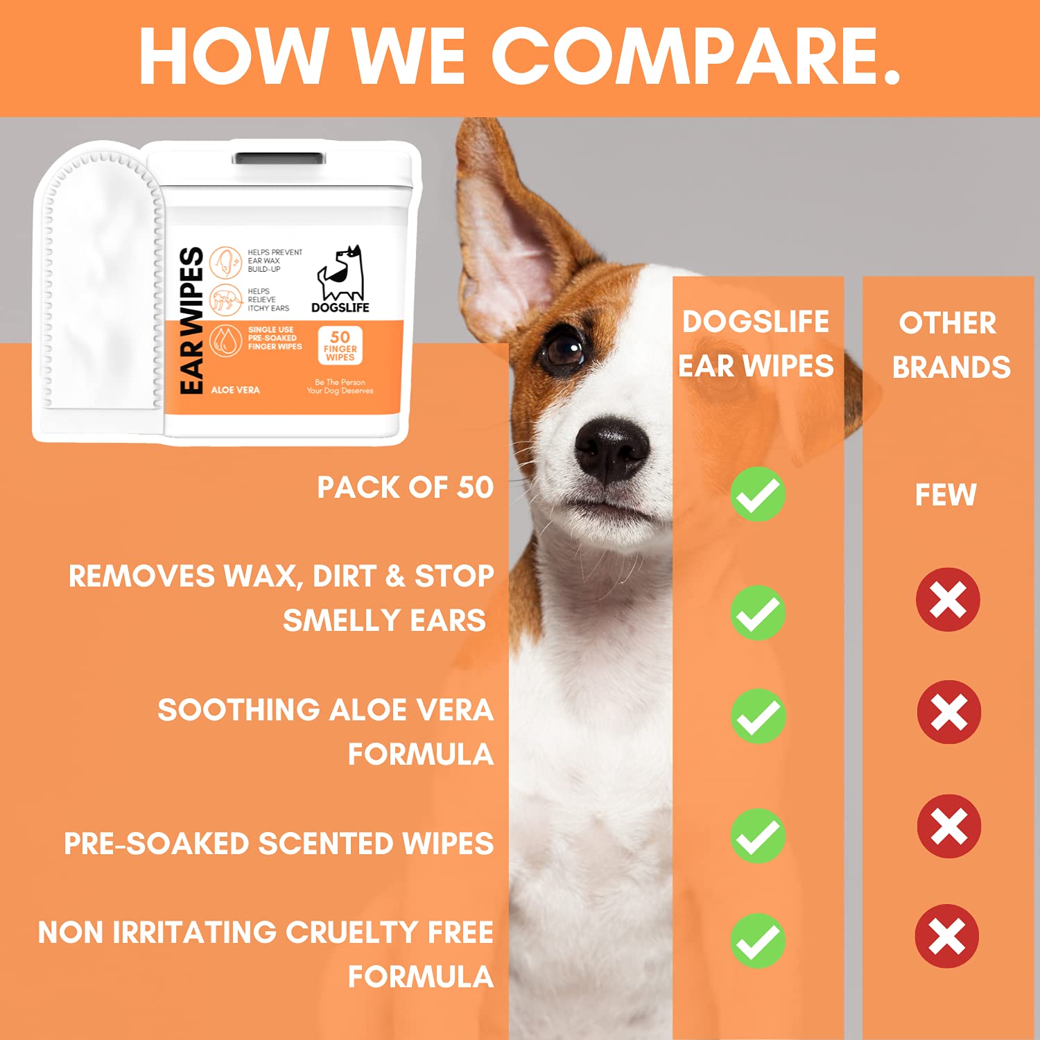 DogsLife Dog Ear Wipes - 50 Count Pack for Wax, Dirt & Itch Relief | Aloe Vera Formula 7