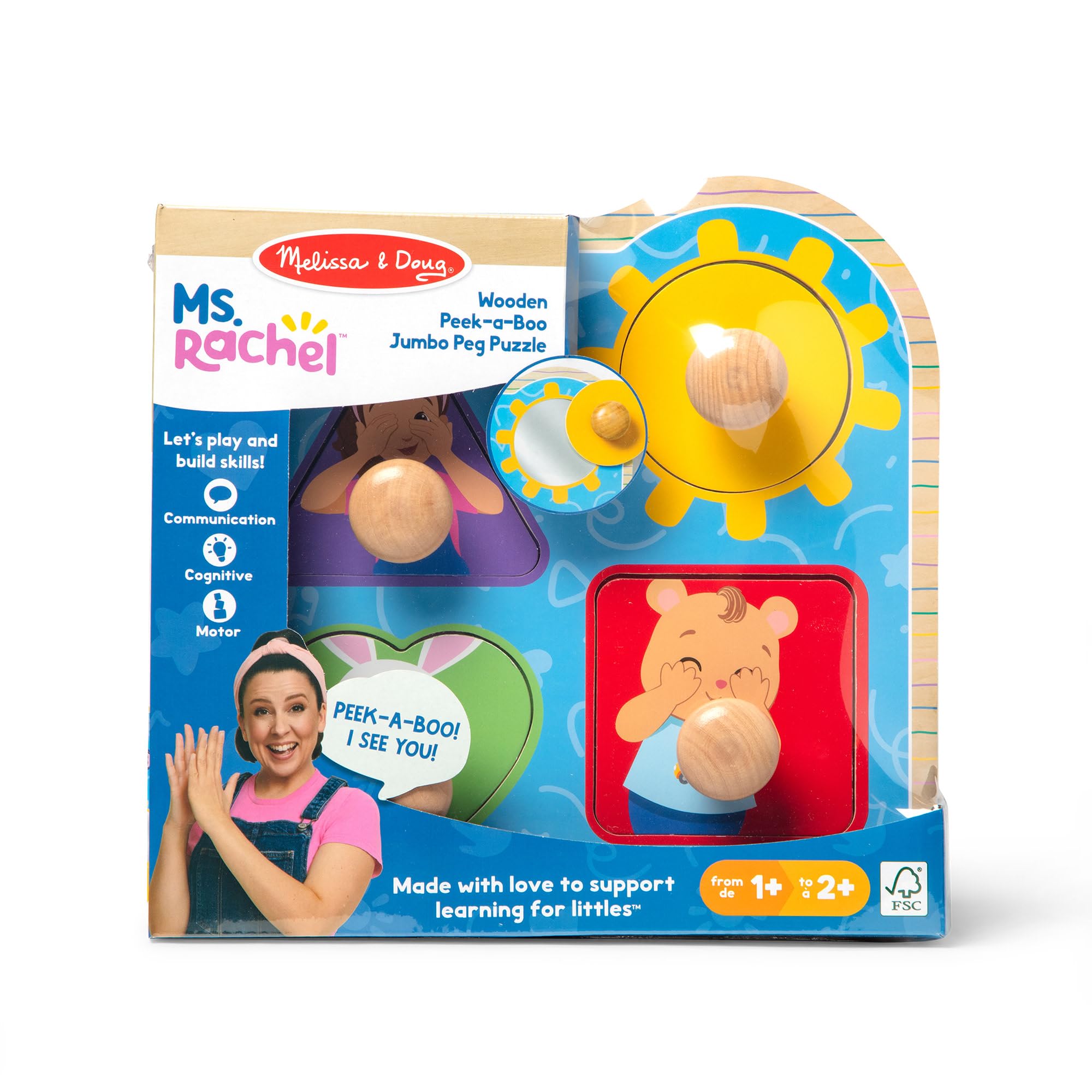 Melissa & Doug Ms Rachel Wooden Peek-a-Boo Jumbo Peg Puzzle - 4-Piece | Ages 1+ 3