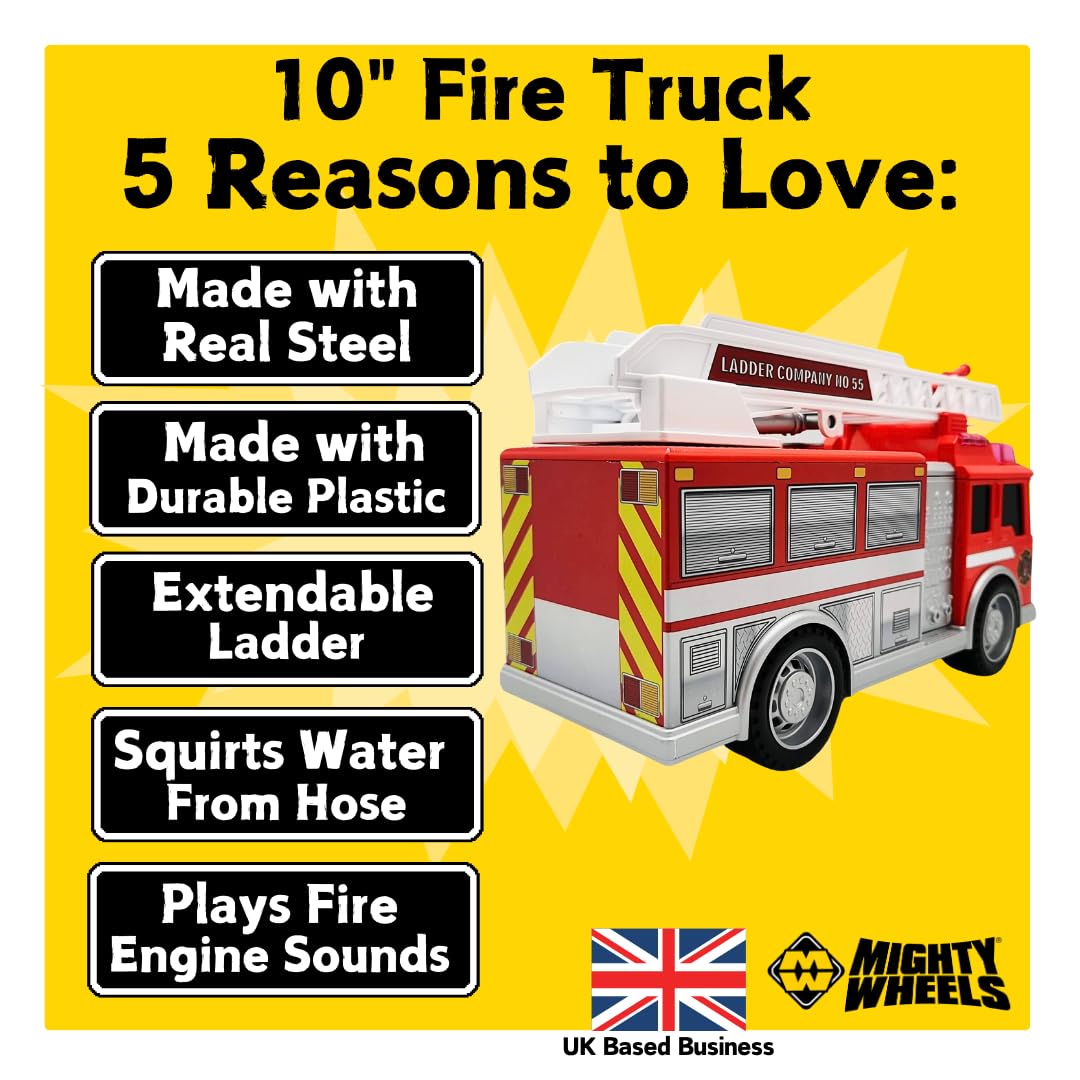 Mighty Wheels Steel Fire Truck Toy - 10" Free-Wheeling Fire Engine with Lights & Sounds 6