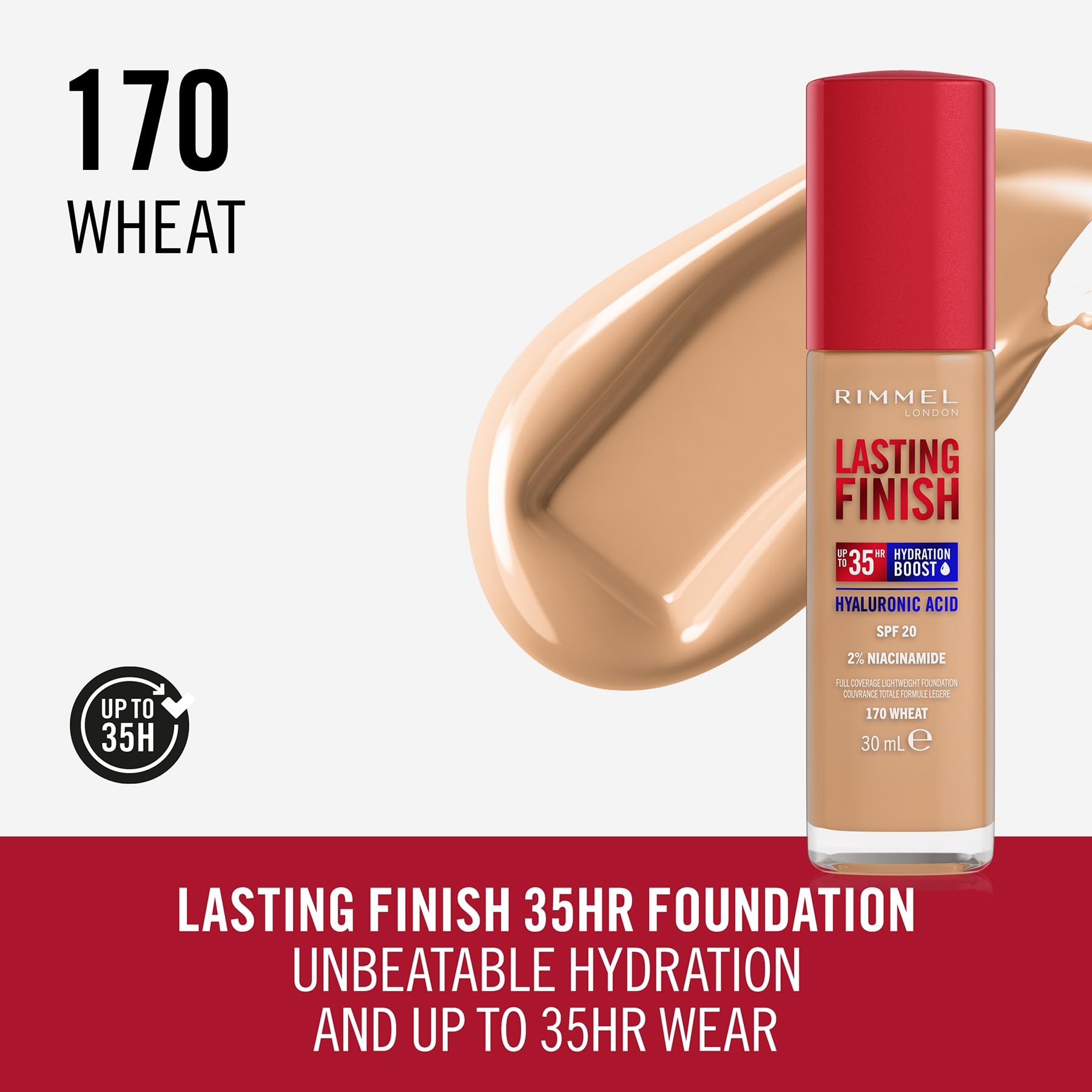 Rimmel Lasting Finish 35Hr Foundation 170 Wheat - Full Coverage Hydrating Liquid Foundation with SPF20 3
