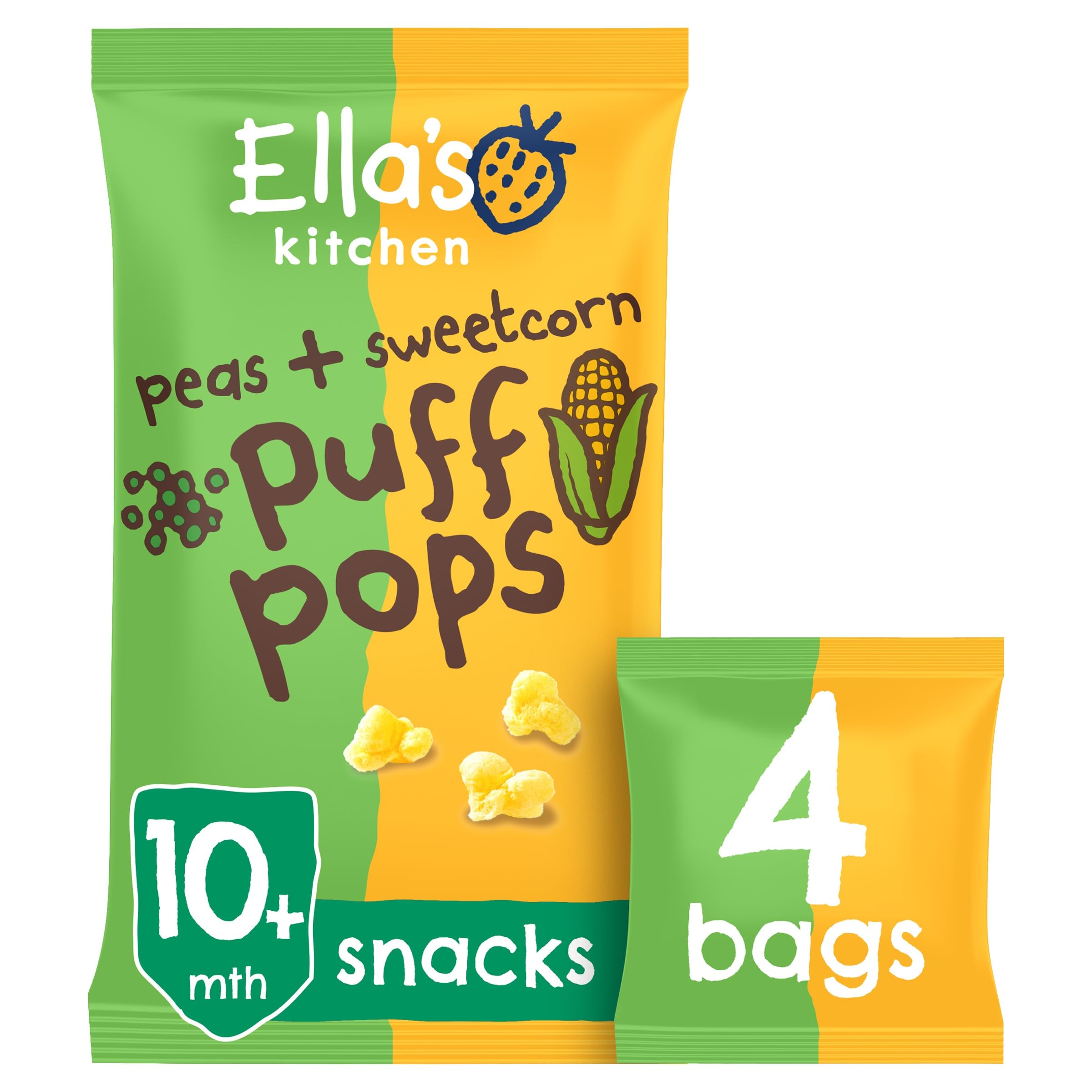 Ella's Kitchen Organic Peas and Sweetcorn Puff Pops Snacks for Babies 10+ Months – 4 x 9g