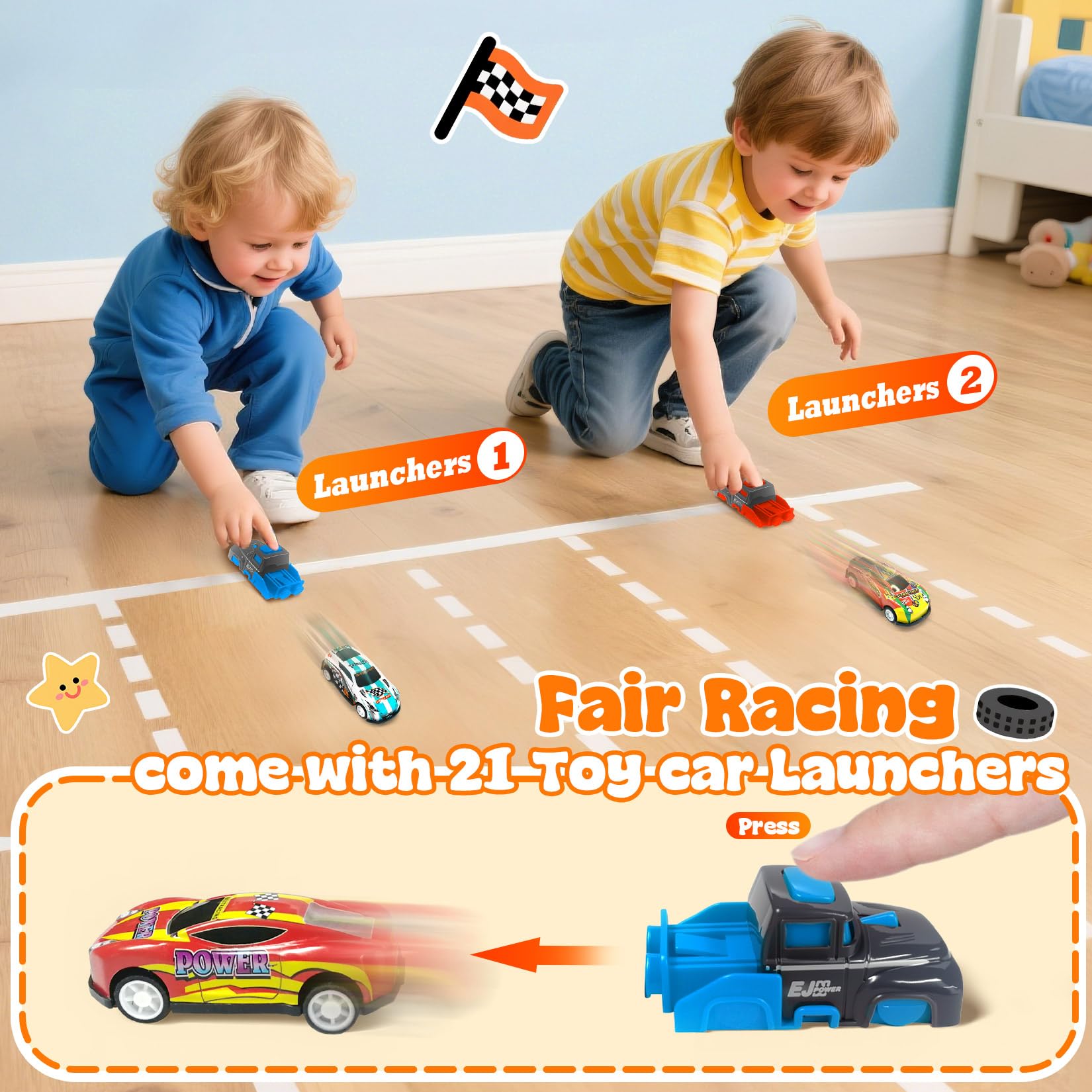TOYABI Toy Cars - 10Pcs Pull Back Racing Set with Launcher, Mat & Obstacles for Kids 3