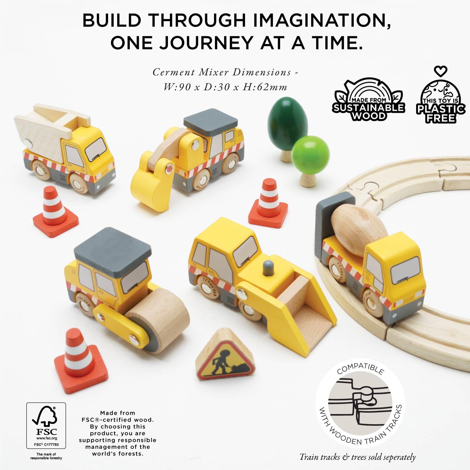 Le Toy Van Construction Vehicles Pretend Play Set with Crane, Digger, Roller | Age 3+ 4