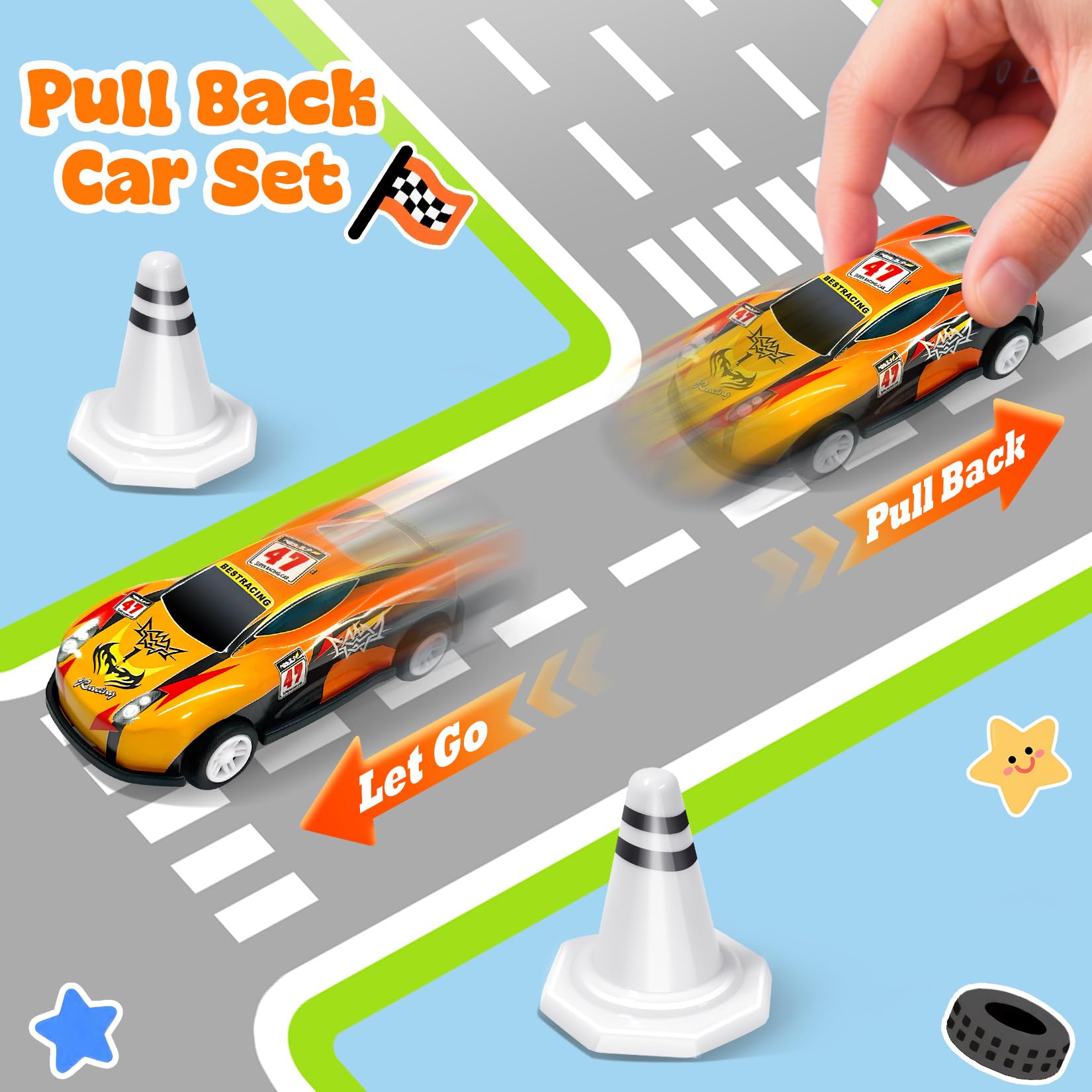 TOYABI Toy Cars - 10Pcs Pull Back Racing Set with Launcher, Mat & Obstacles for Kids 4