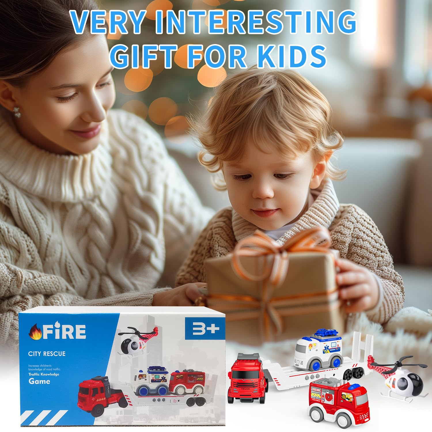 GizmoVine Fire Truck Playset - Vehicle Transporter Toy with Ambulance & Helicopter for Kids 3+ 14