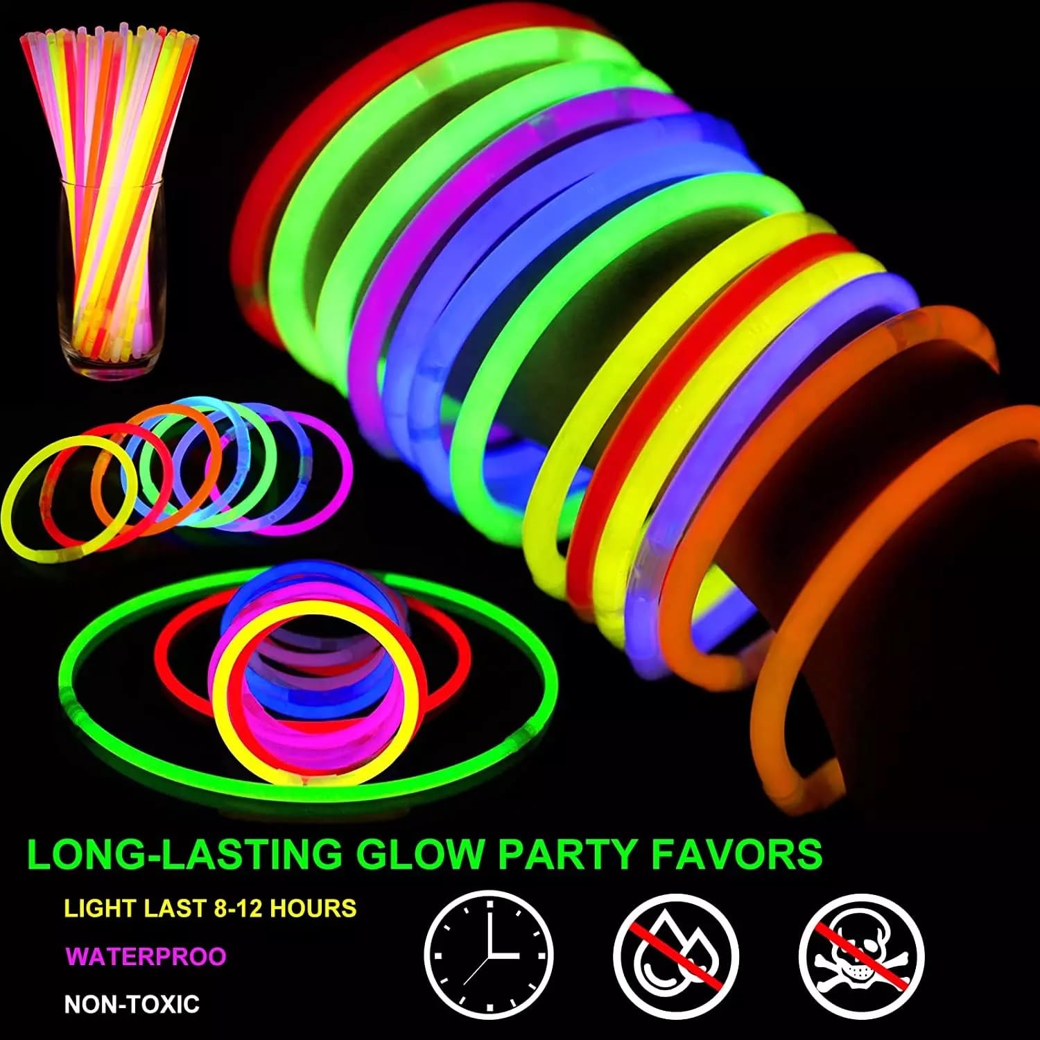 SHATCHI 100Pcs Glow Sticks 8" with Connectors - Neon Party Favors for Halloween, Rave, Birthday, Camping & 80s Themed Events 12