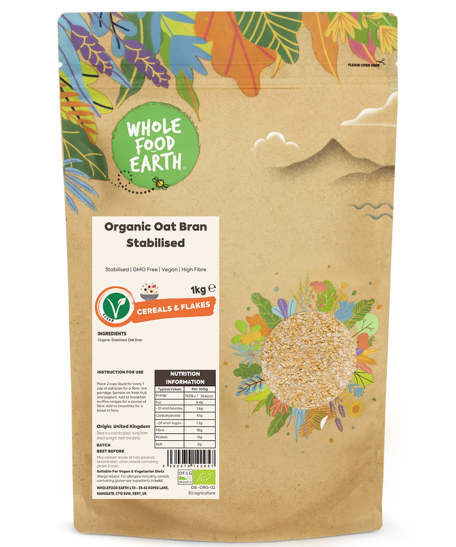 Wholefood Earth Bio stabilisierte Haferkleie 1 kg | Gentechnikfrei | Ballaststoffreiches Vollkorn