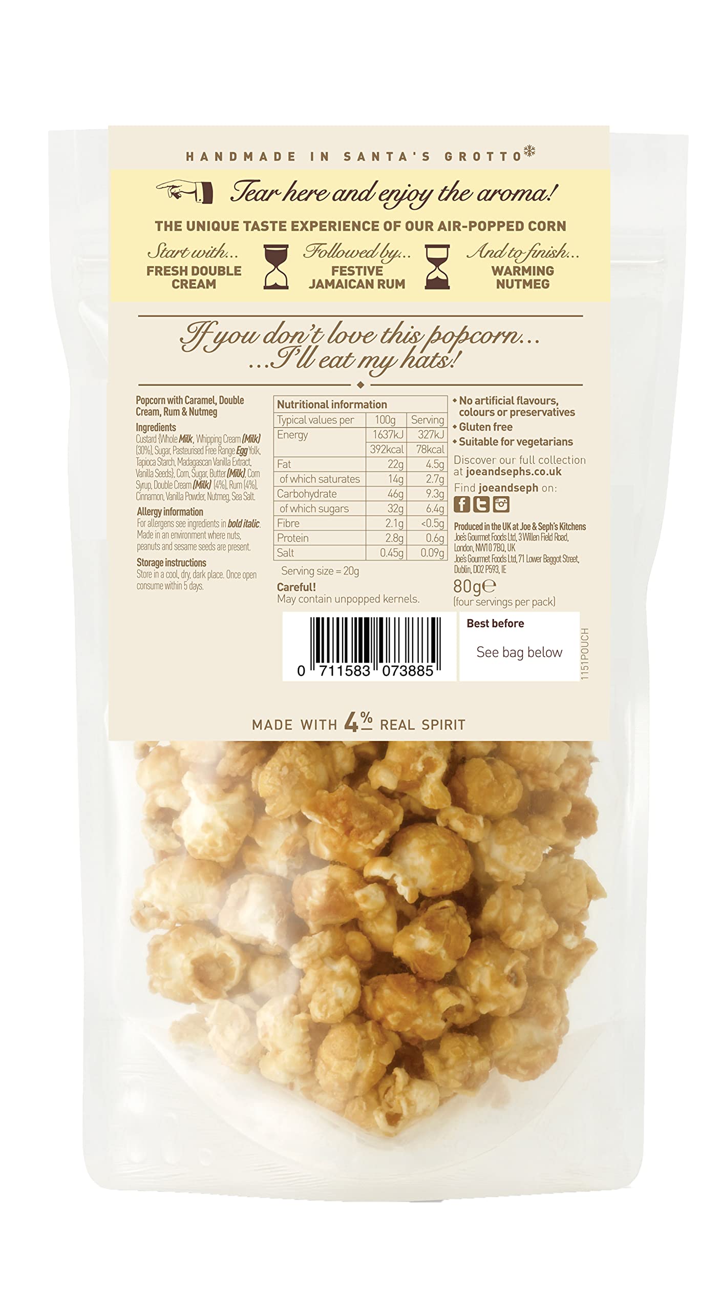 Joe & Seph's Eggnog Popcorn Sharing Pouch (80g) - Handmade Air-Popped Festive Treat