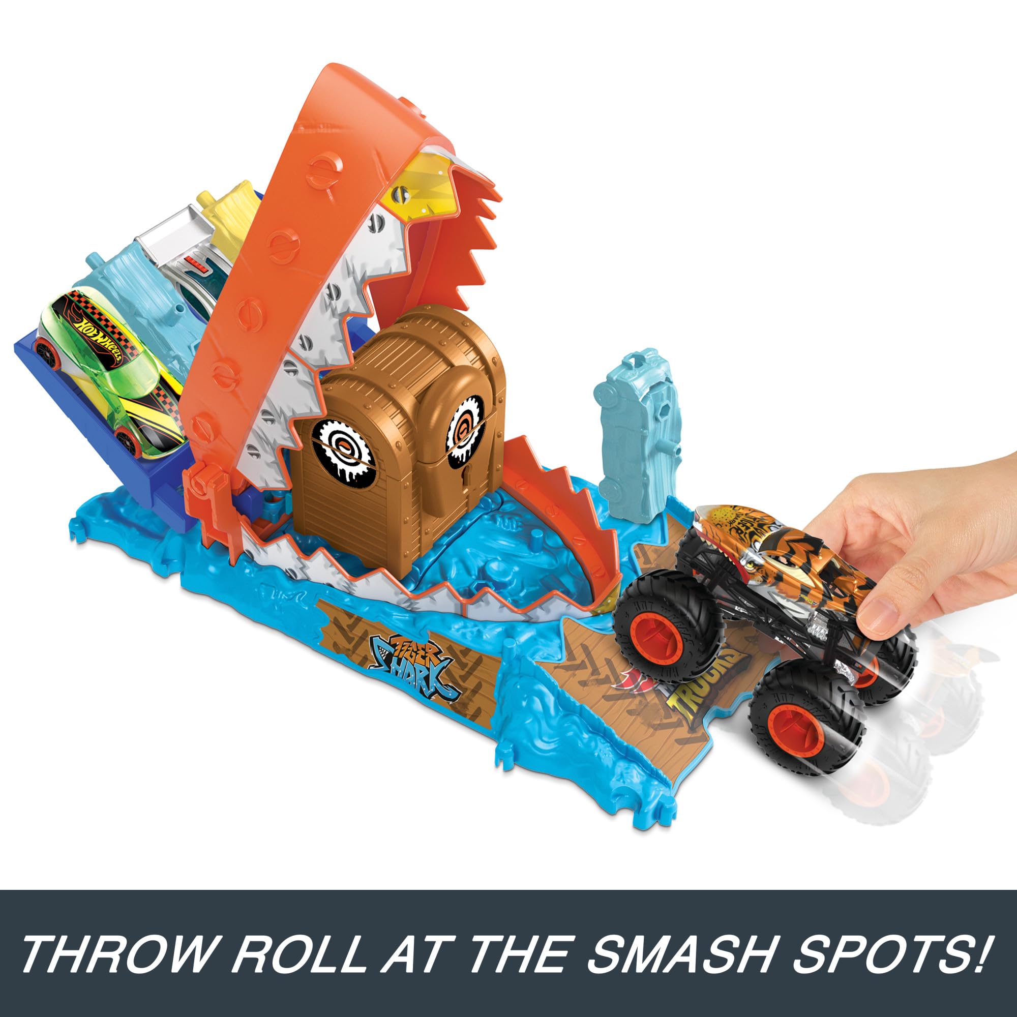 Hot Wheels Monster Trucks Arena Smashers Treasure Chomp Challenge Playset - Tiger Shark Action Playset for Kids 4
