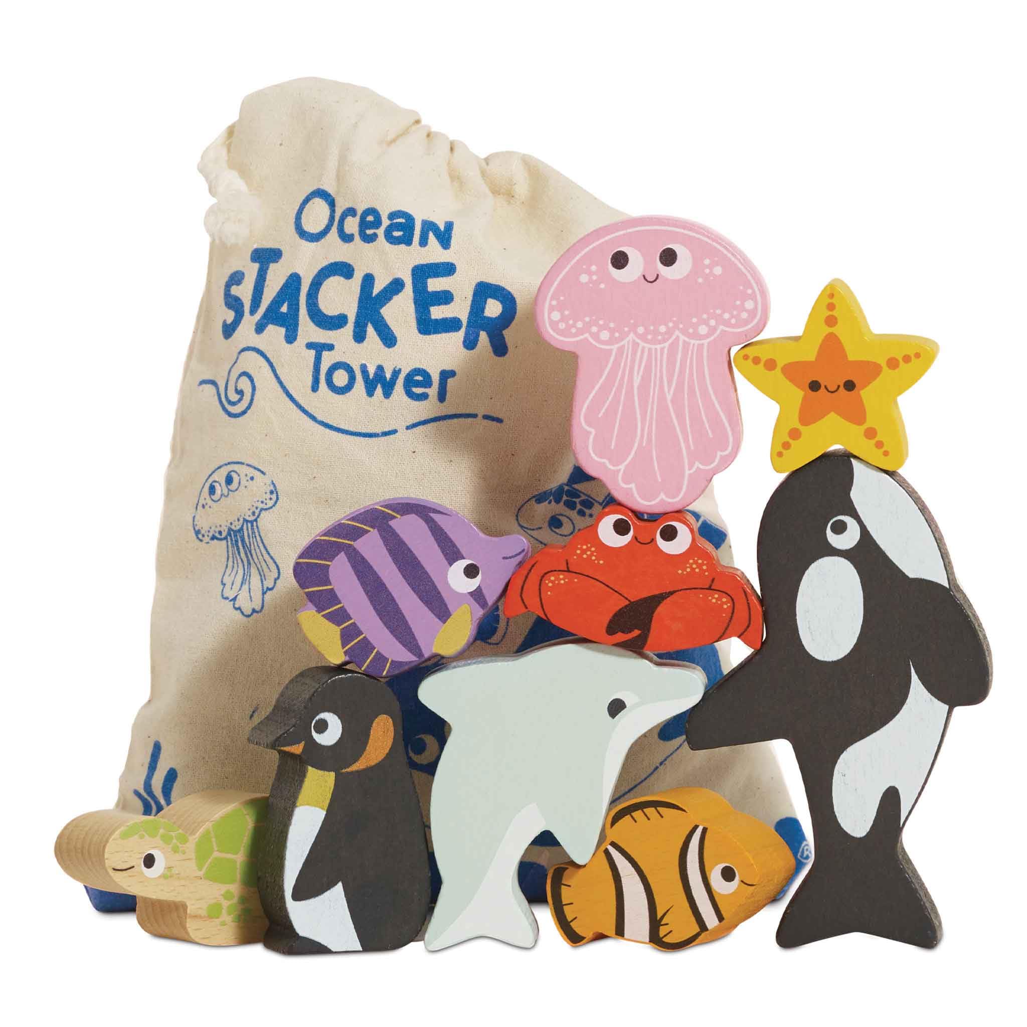 Le Toy Van Petilou Wooden Ocean Stacking Animals & Bag | Ages 18m+