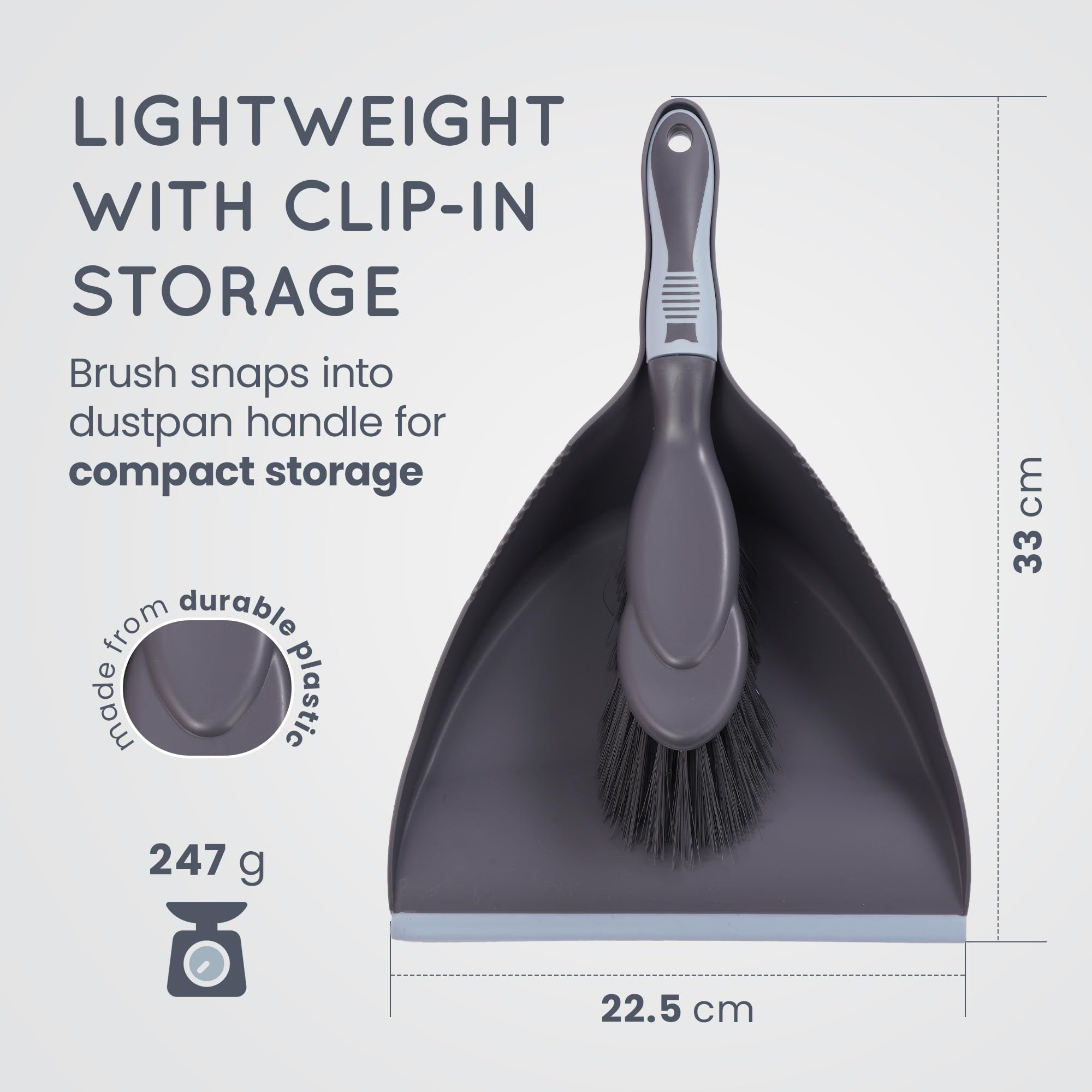 CUQOO Plastic Dustpan and Brush Set - Durable Lightweight Design | Corrugated Edge | Grey 3