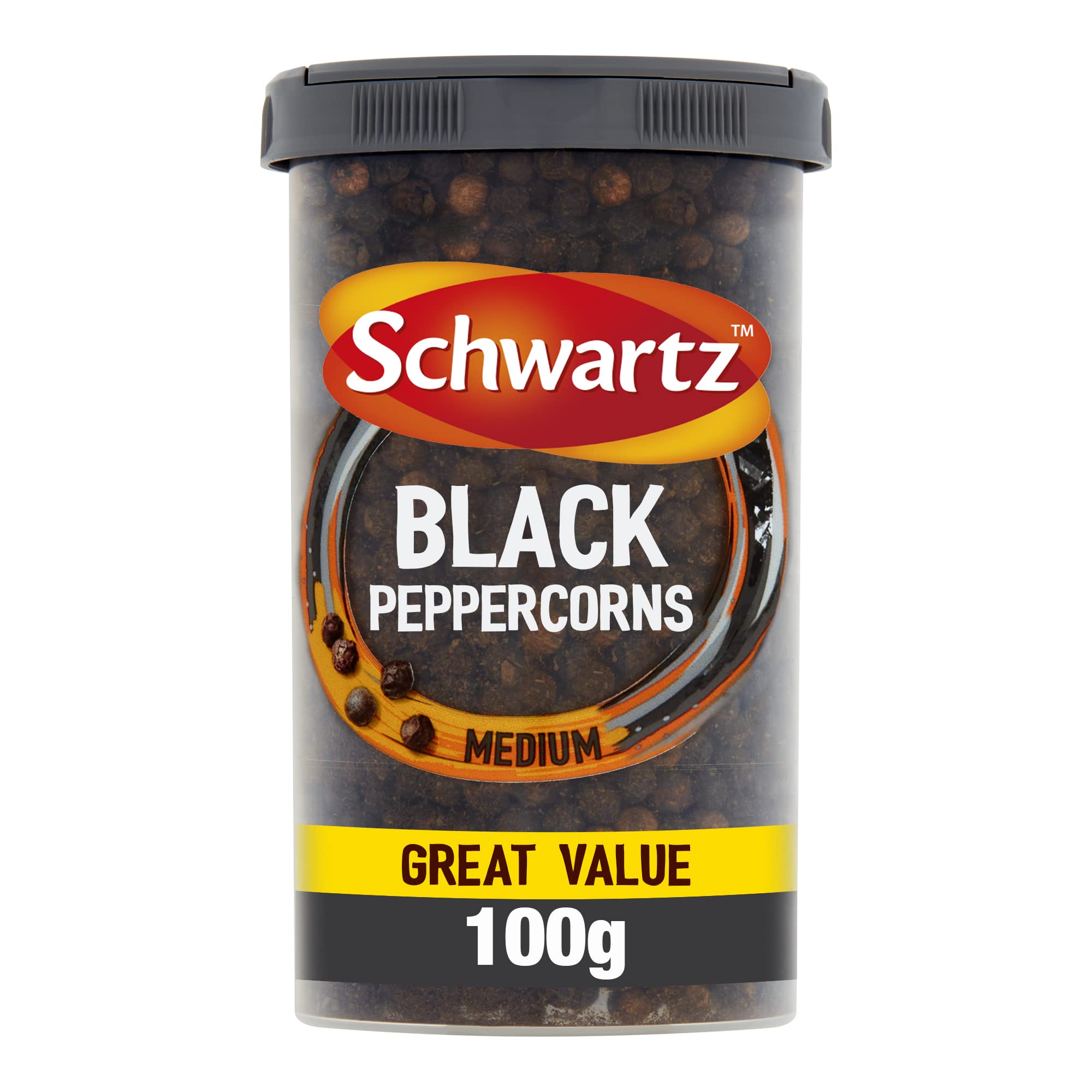 Schwartz Medium Black Peppercorn Drum 100g - Mild Heat, Spicy Kick, Citrusy Aroma