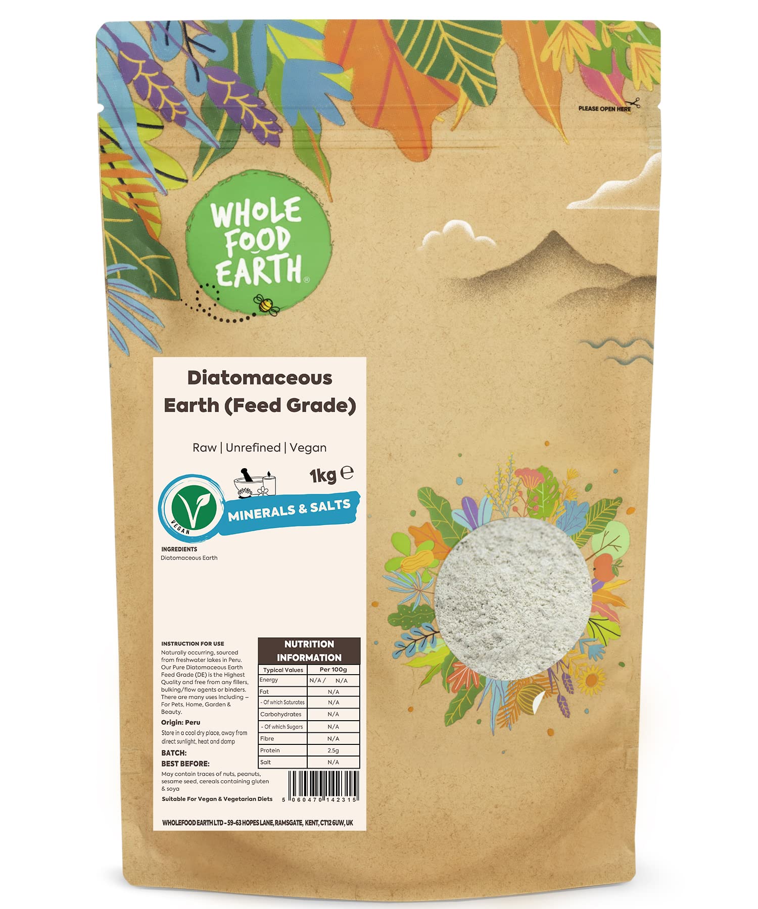 Wholefood Earth Diatomaceous Earth - Natural Insect Control Substrate | 1kg Raw Unrefined Powder