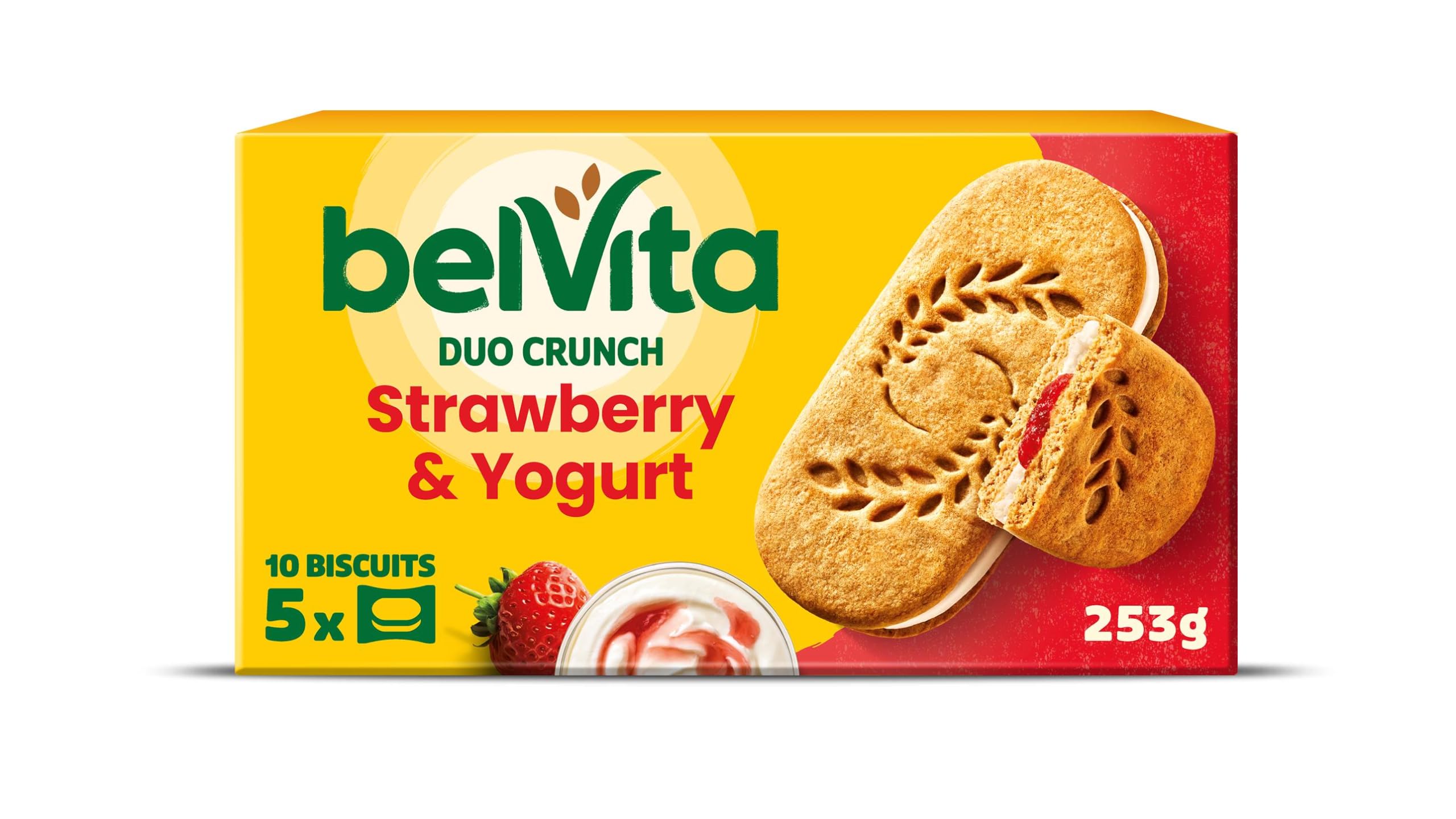 Belvita Duo Crunch Strawberry & Yogurt Breakfast Biscuits, 18 Packs of 2 – Wholegrain Biscuits with Yogurt & Strawberry Filling