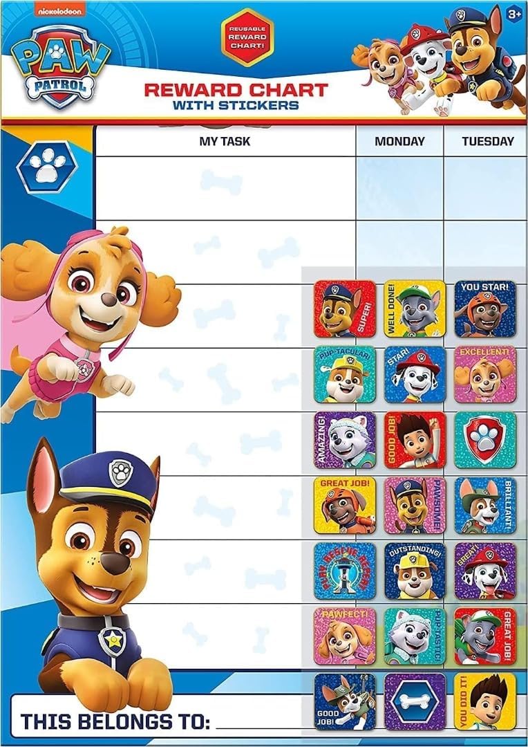 Paw Patrol Everyday Reward Chart with 56 Sparkly Reusable Stickers - Ages 3+