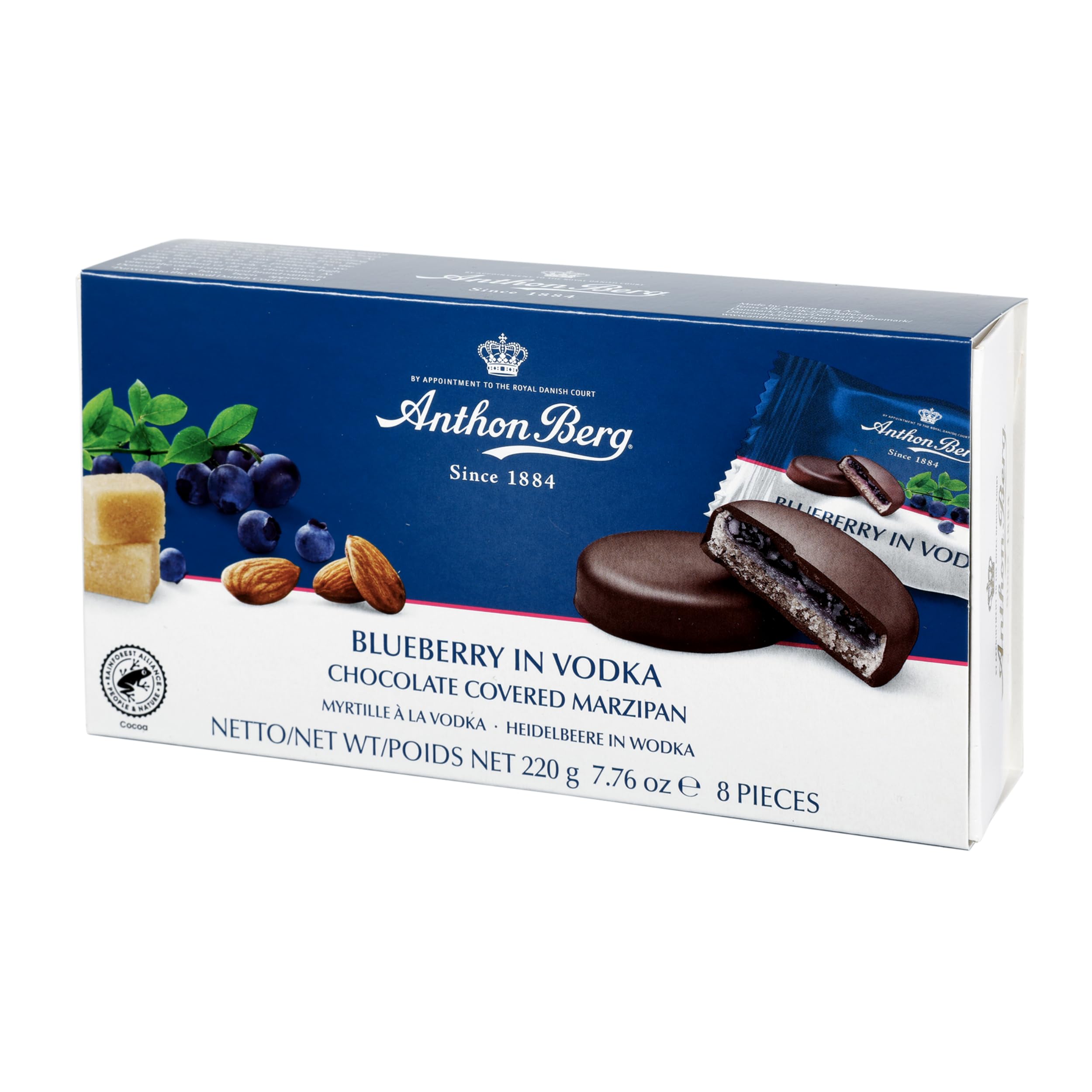 Anthon Berg Dark Chocolate Covered Marzipan Treats with Blueberry in Vodka, 220g
