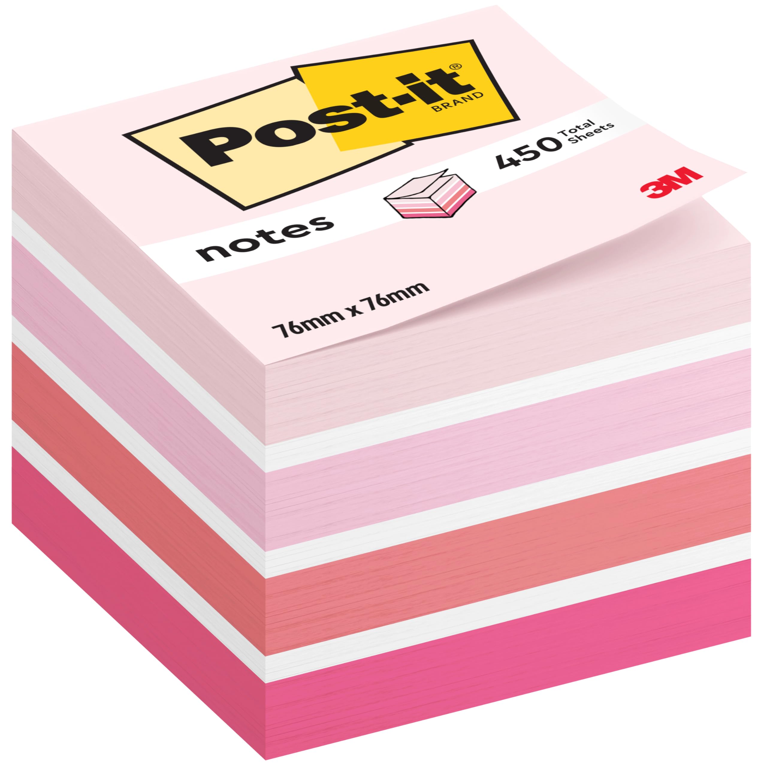 Post-it Notes Cube - 450 Sheets, 76 mm x 76 mm, Pastel Colors (Pink, White, Orange)